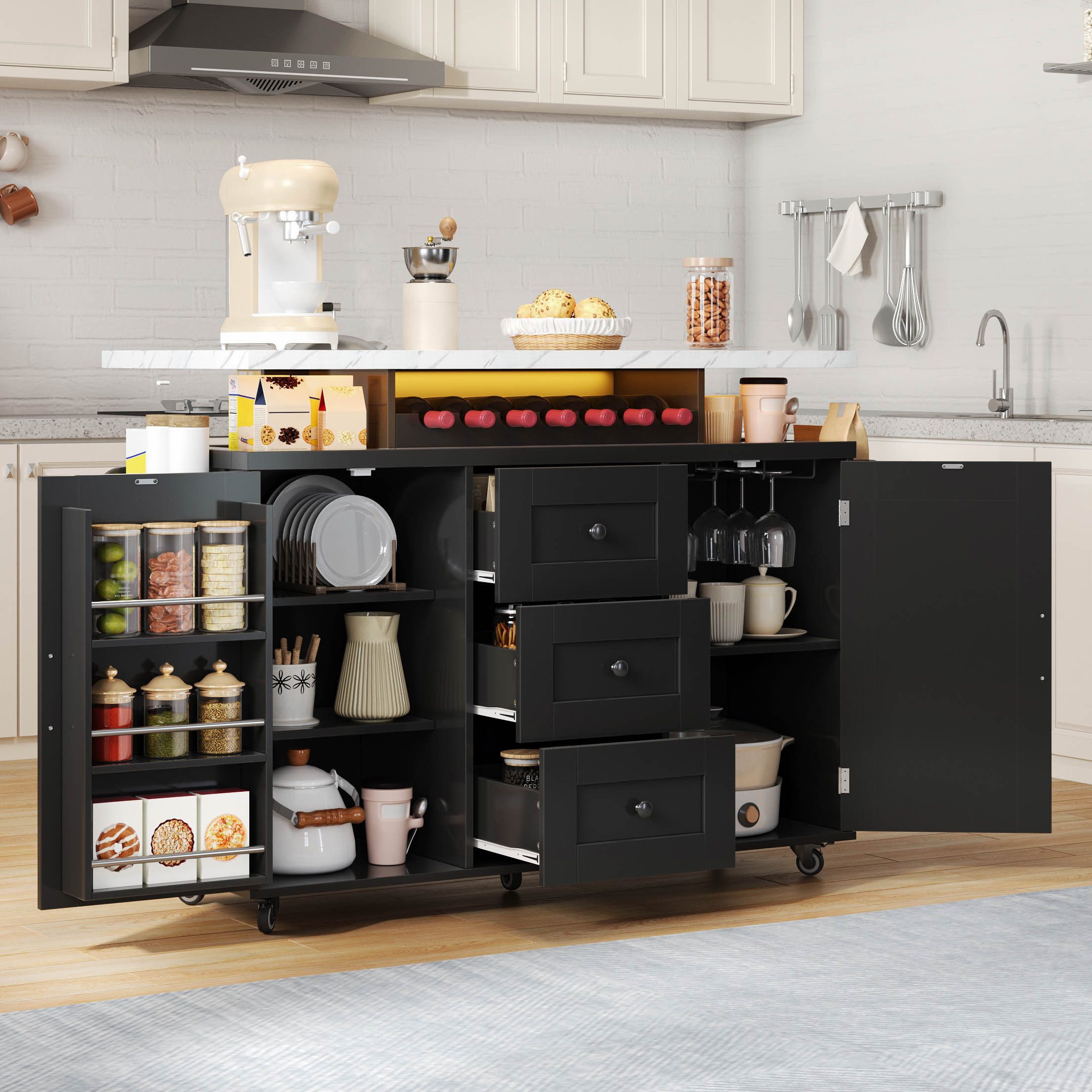 BlingBin Kücheninsel Mobiler Küchenwagen mit LED-Beleuchtung, (mit 2 Türen, 3 Schubladen, Weingestell, Glashalter und Handtuchhaltern), 120×42(60)×93 cm, für Küchen, Esszimmer, Wohnbereich