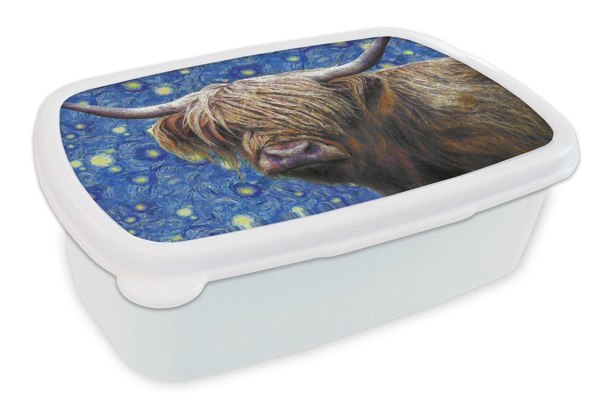 MuchoWow Lunchbox Scottish Highlander - Sternennacht - Van Gogh, Kunststoff, (2-tlg), Brotbox für Kinder und Erwachsene, Brotdose, für Jungs und Mädchen weiß