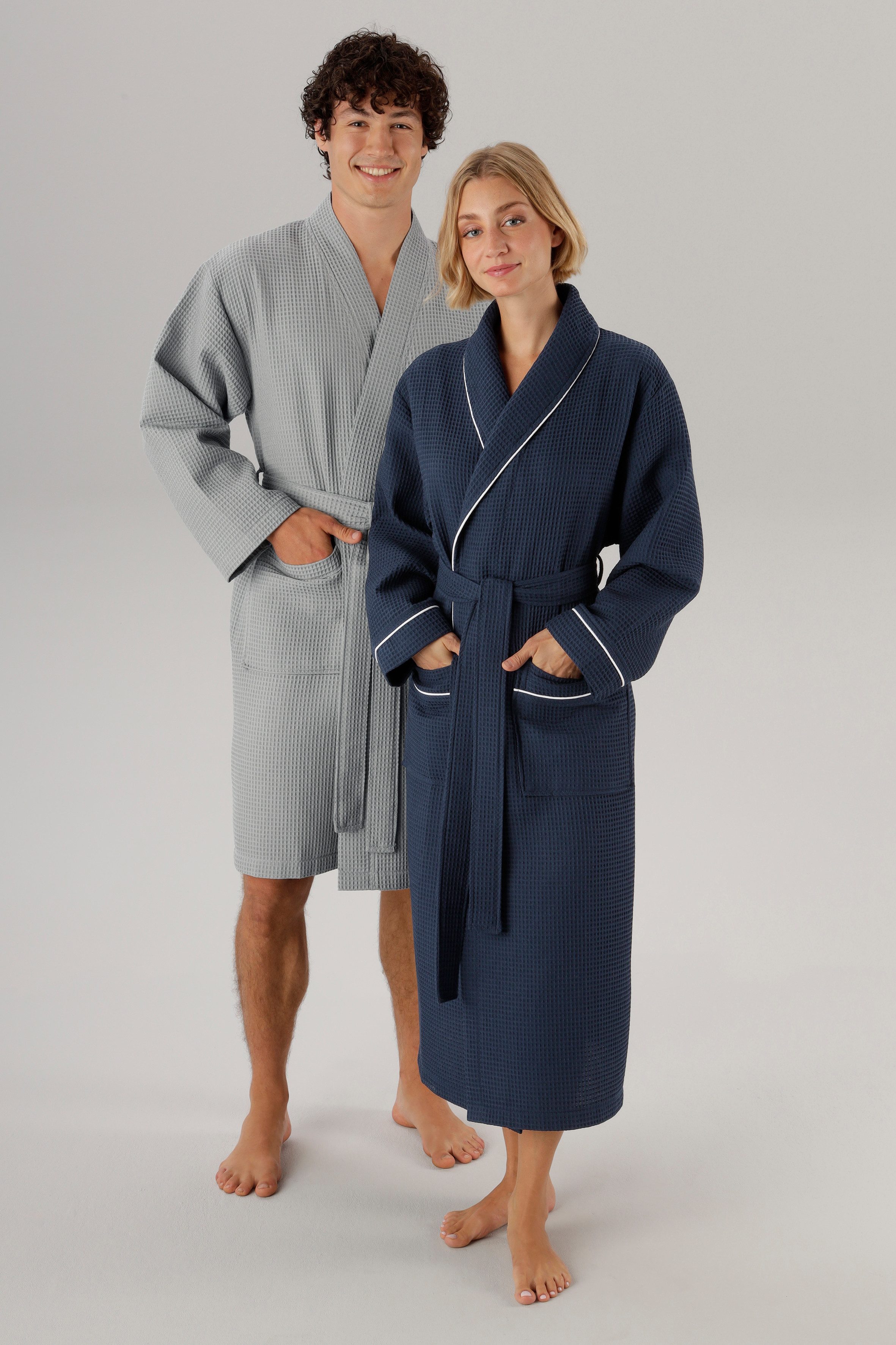 OTTO home Unisex-Bademantel Nora, Standard & Premium, leichte Qualität, ideal für Sauna & Spa, Waffelpiqué, Kimono-Kragen, Gürtel, Damen & …