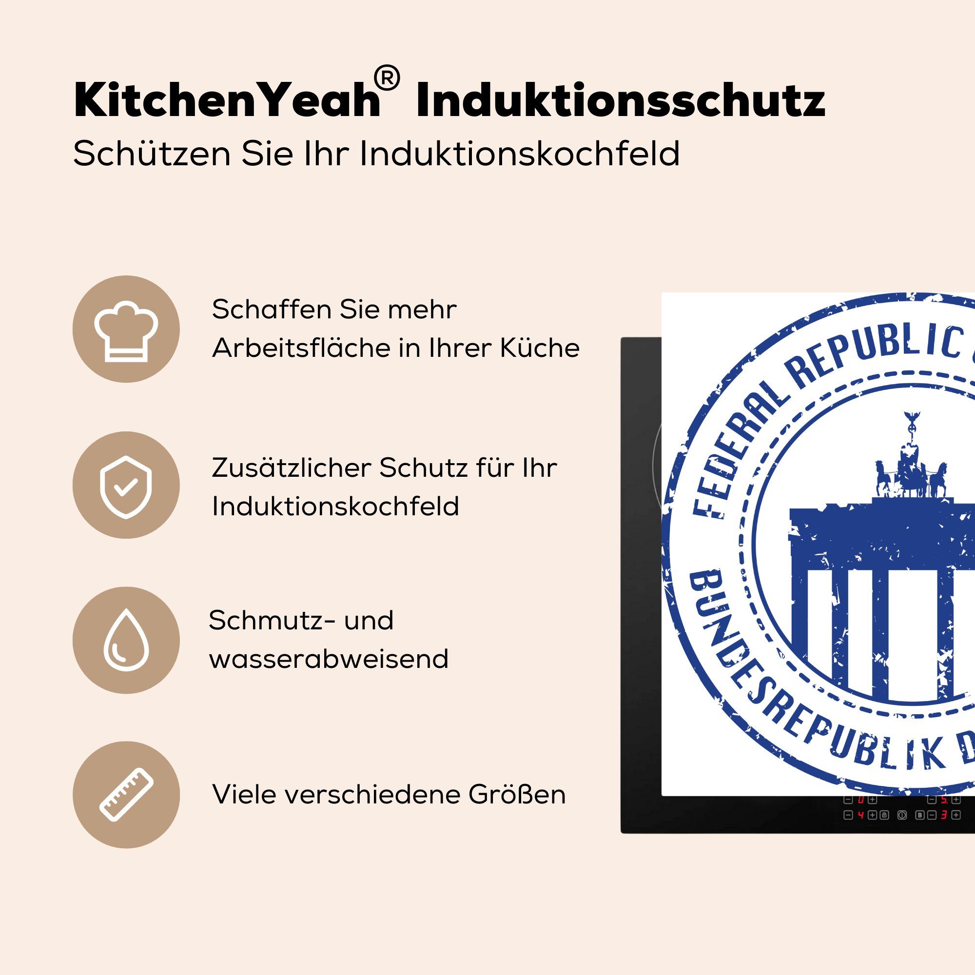 78x78 (1 tlg), küche Illustration dem Briefmarke Brandenburger Vinyl, MuchoWow deutschen einer mit Ceranfeldabdeckung, Tor, Arbeitsplatte für Herdblende-/Abdeckplatte cm,