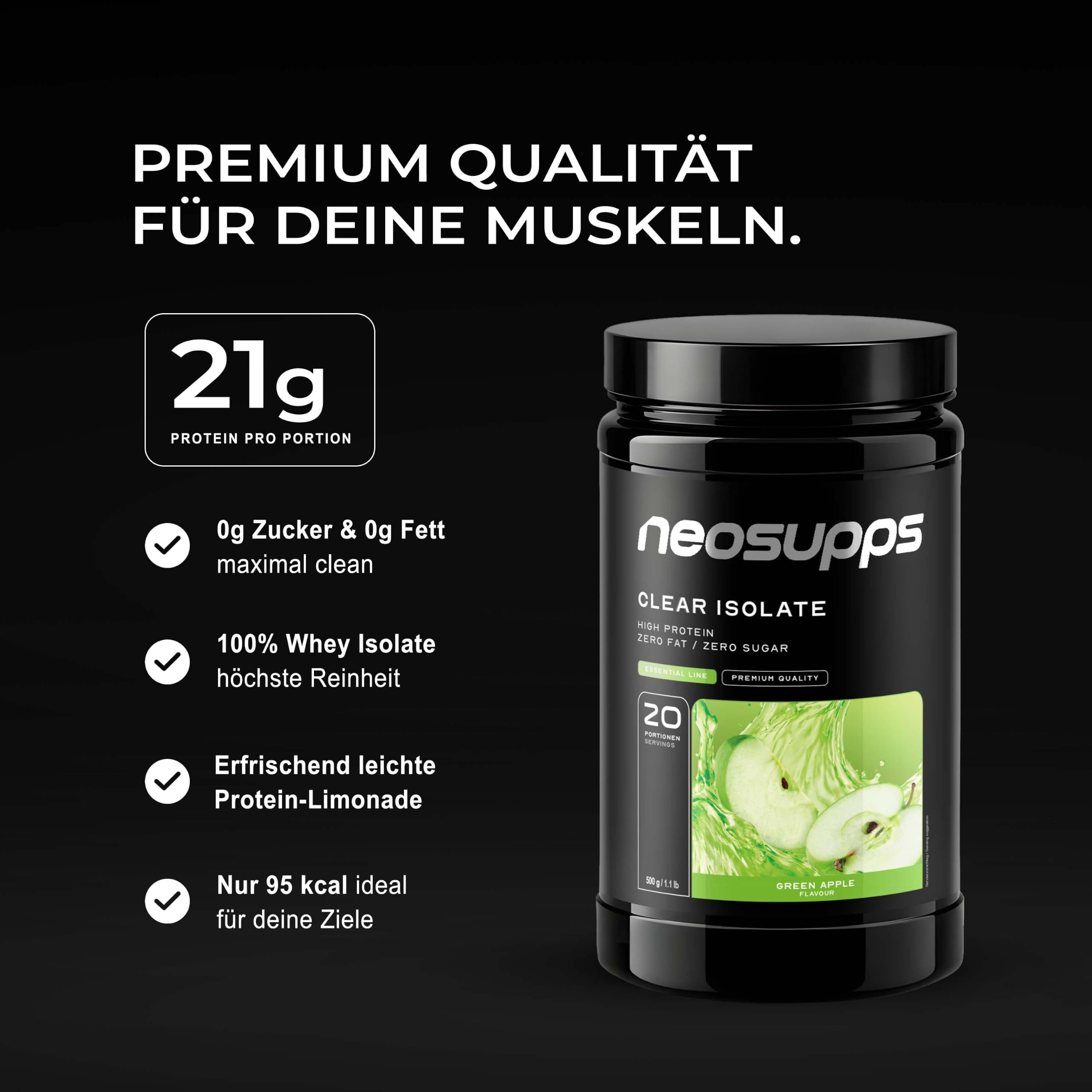 Neosupps Clear Whey Isolat Protein Pulver 500g, Green Apple Geschmack Pulver, 500 g, Made in Germany, Hochwertiger Molkenprotein Isolat