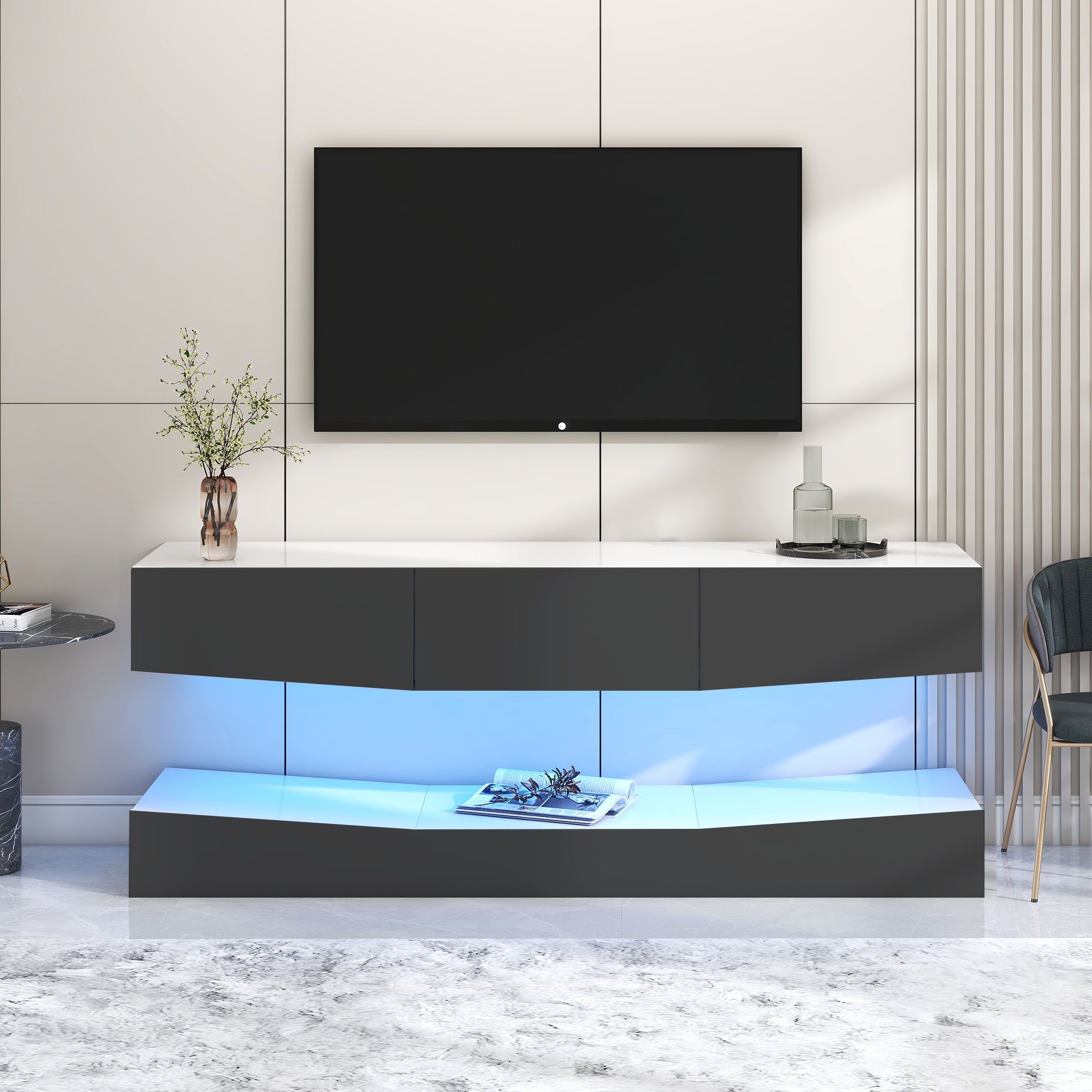 Merax Lowboard Hochglanz Front mit LED inkl. Fernbedienung (2 St), TV-Schrank hängend mit 3 Schubladen, Fernsehtisch, Bretie:180cm