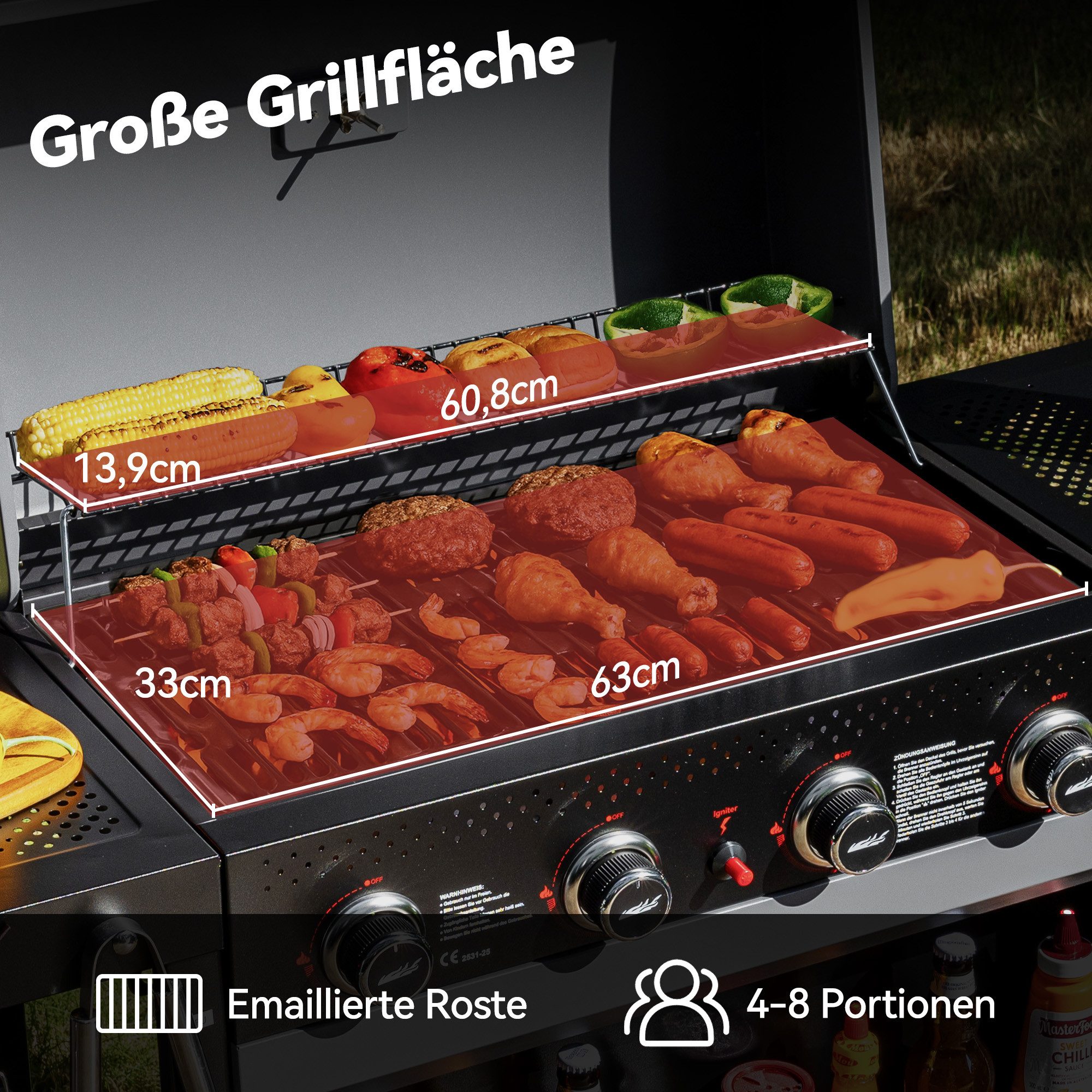 Royal Gourmet Gasgrill Grillwagen mit Gasbrennern, 2-Brenner (5 kW) oder 4-Brenner (10 kW), 4-Brenner, Grillwagen mit insgesamt 10 kW Leistung