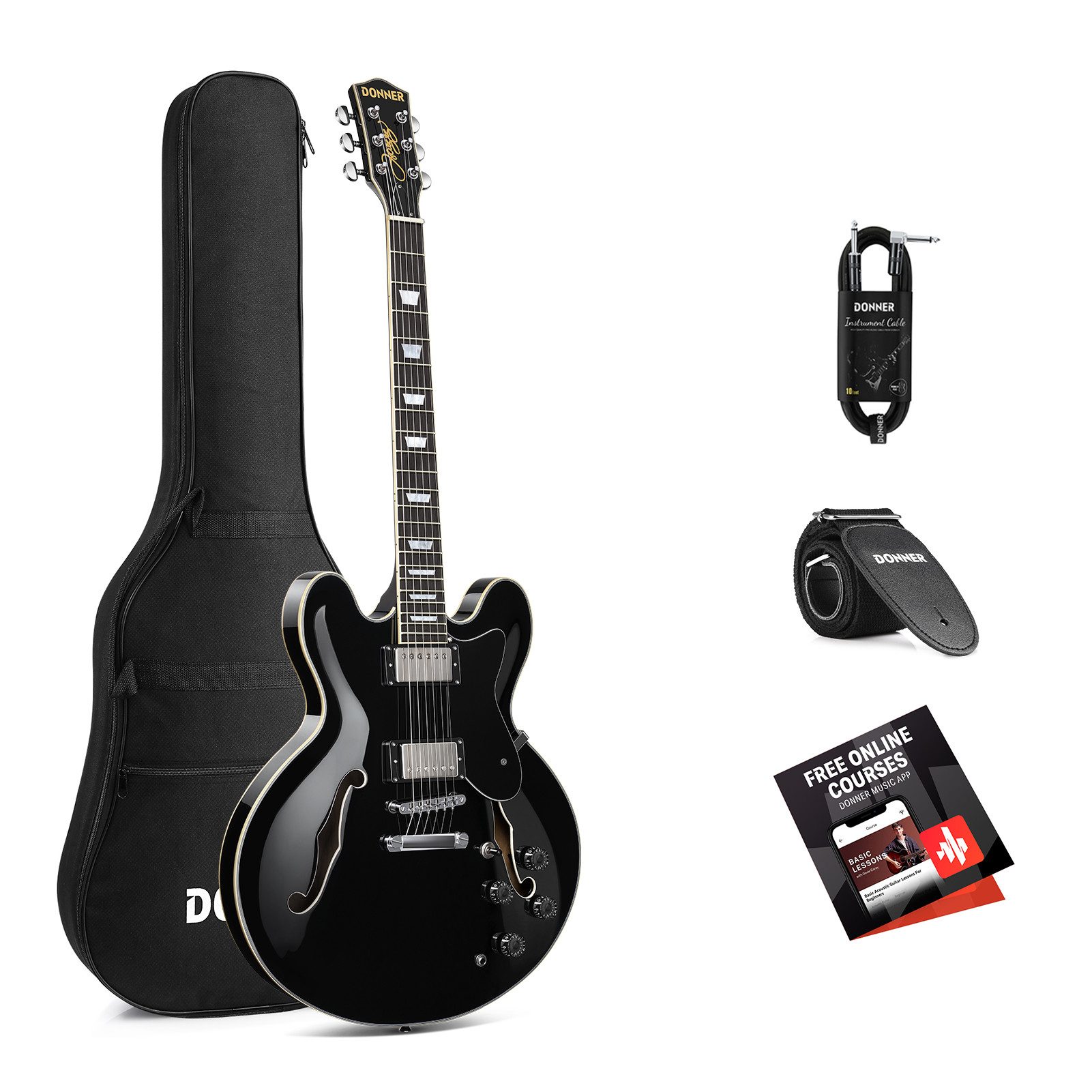 Donner E-Gitarre Jazz E-Gitarre 70er-Jahre Sound Semi-Hollow, DJP-1000, Semi-Hollowbody mit Double-Cutaway, Zwei Humbucker mit Coil-Split-Funktion