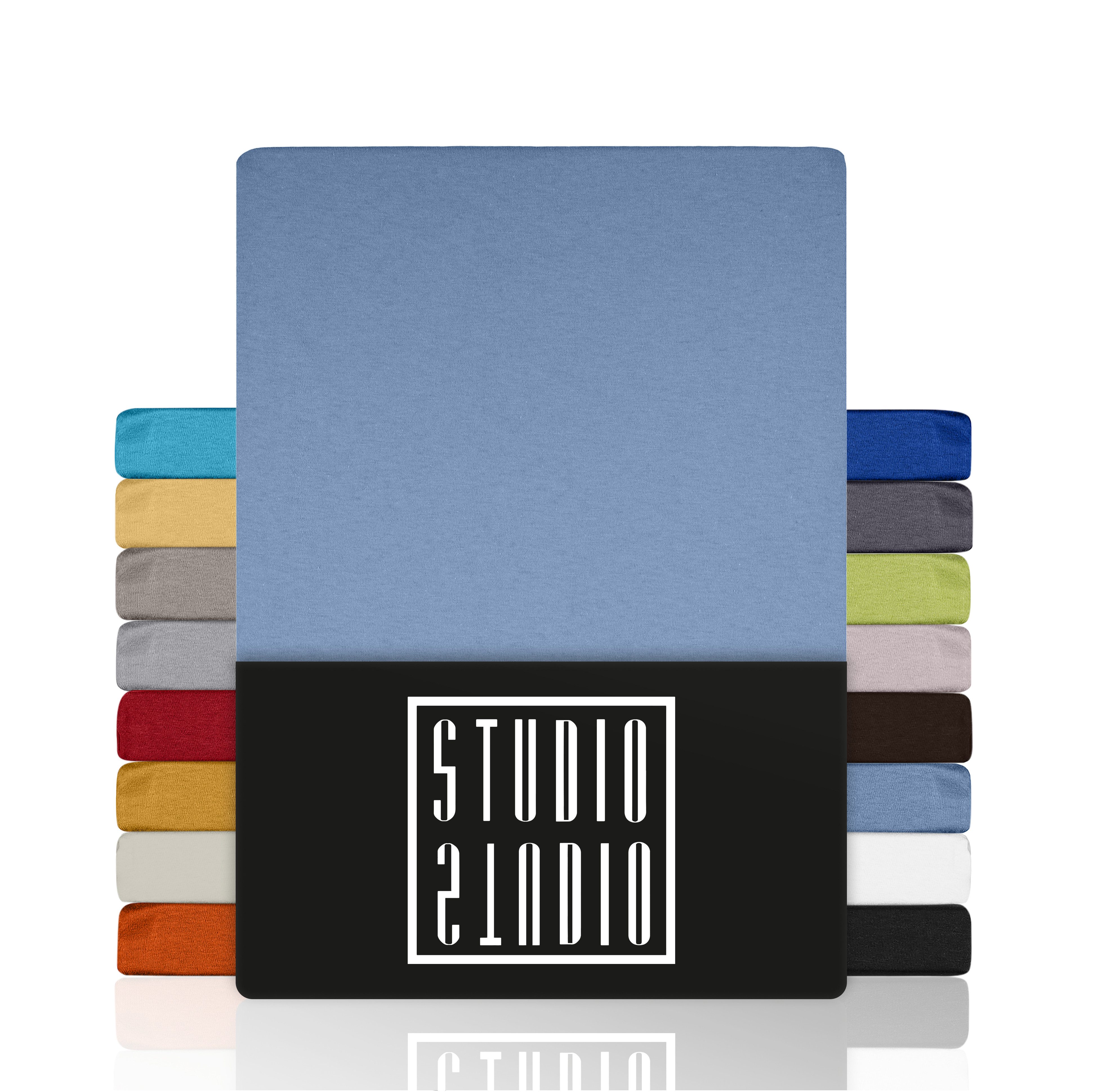 STUDIO Натяжные простыни Basic, viele Größen, 100% gekämmte Baumwolle, OEKO-TEX 100, Jersey, Baumwolle, Gummizug: rundum, (1 Stück), 90x190 cm Bettlaken Spannbetttuch bis 25 cm Höhe - Mittelblau