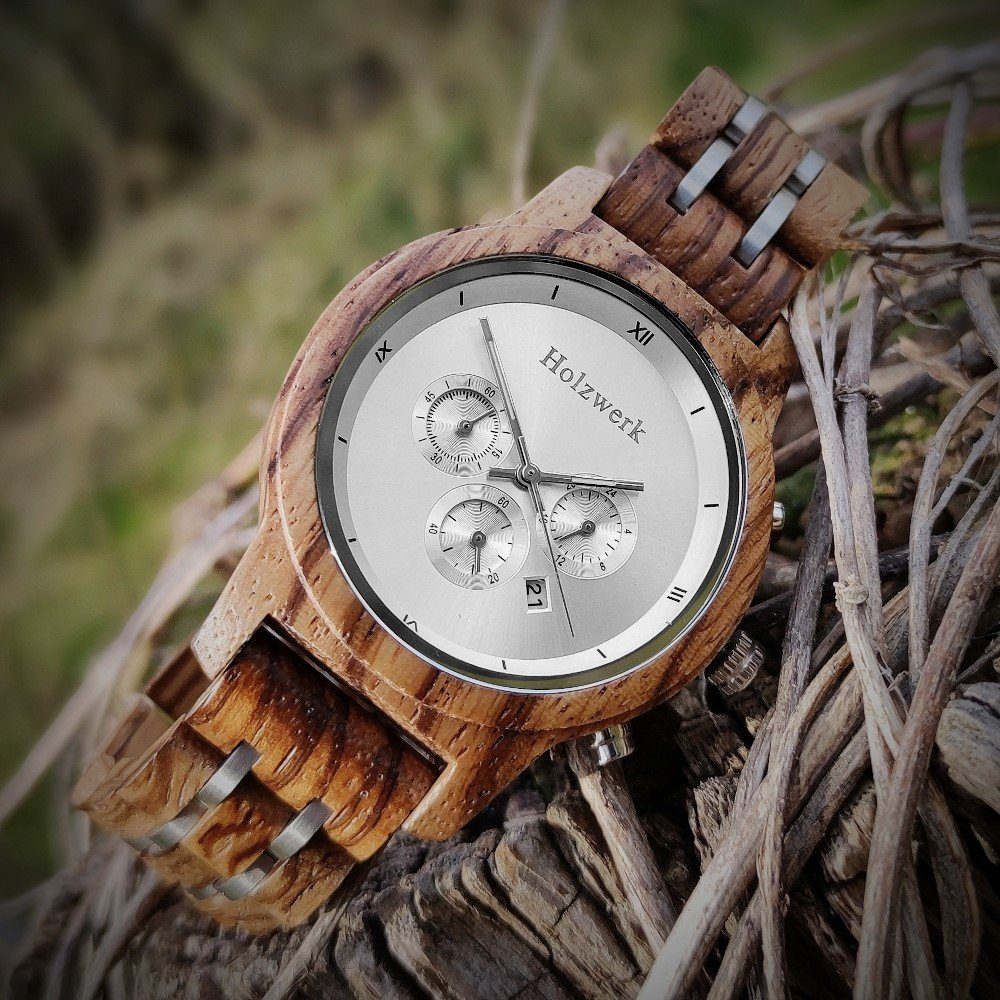 Damen Holz silber Holzwerk Armband mit in braun, Chronograph Datum & Uhr BEXBACH Herren