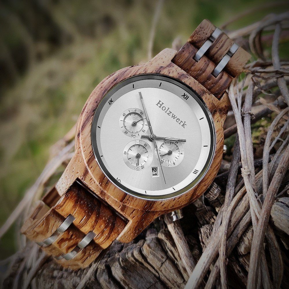 Holzwerk Chronograph BEXBACH Damen & Herren Holz Armband Uhr mit Datum in braun, silber