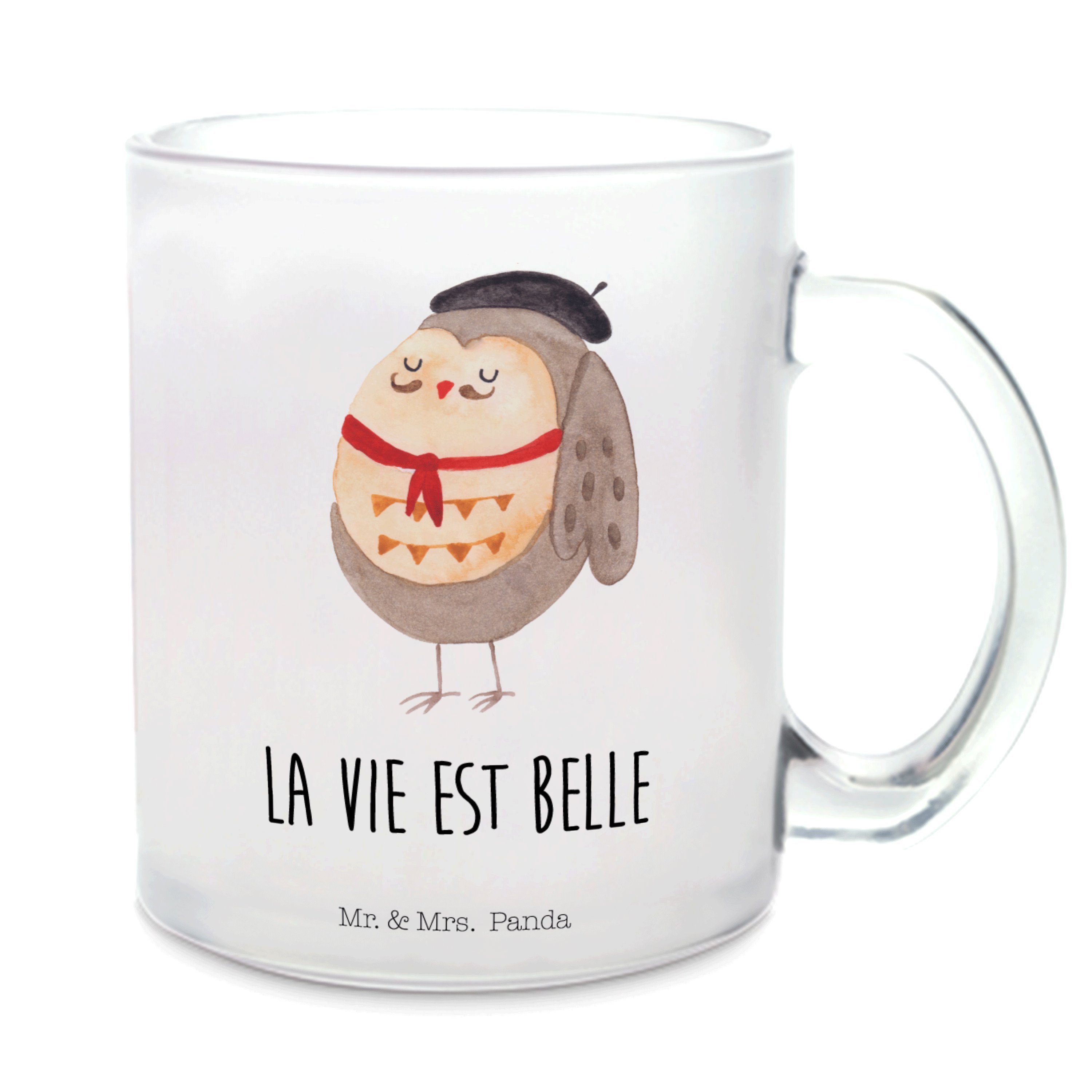 Mr. & Mrs. Panda Teeglas »Eule Französisch - Transparent - Geschenk, La vie  est belle, hibou, Tasse, Eulen, Teebecher, Teetasse, Owl, Tasse mit Henkel,  Frankreich, béret«, Premium Glas