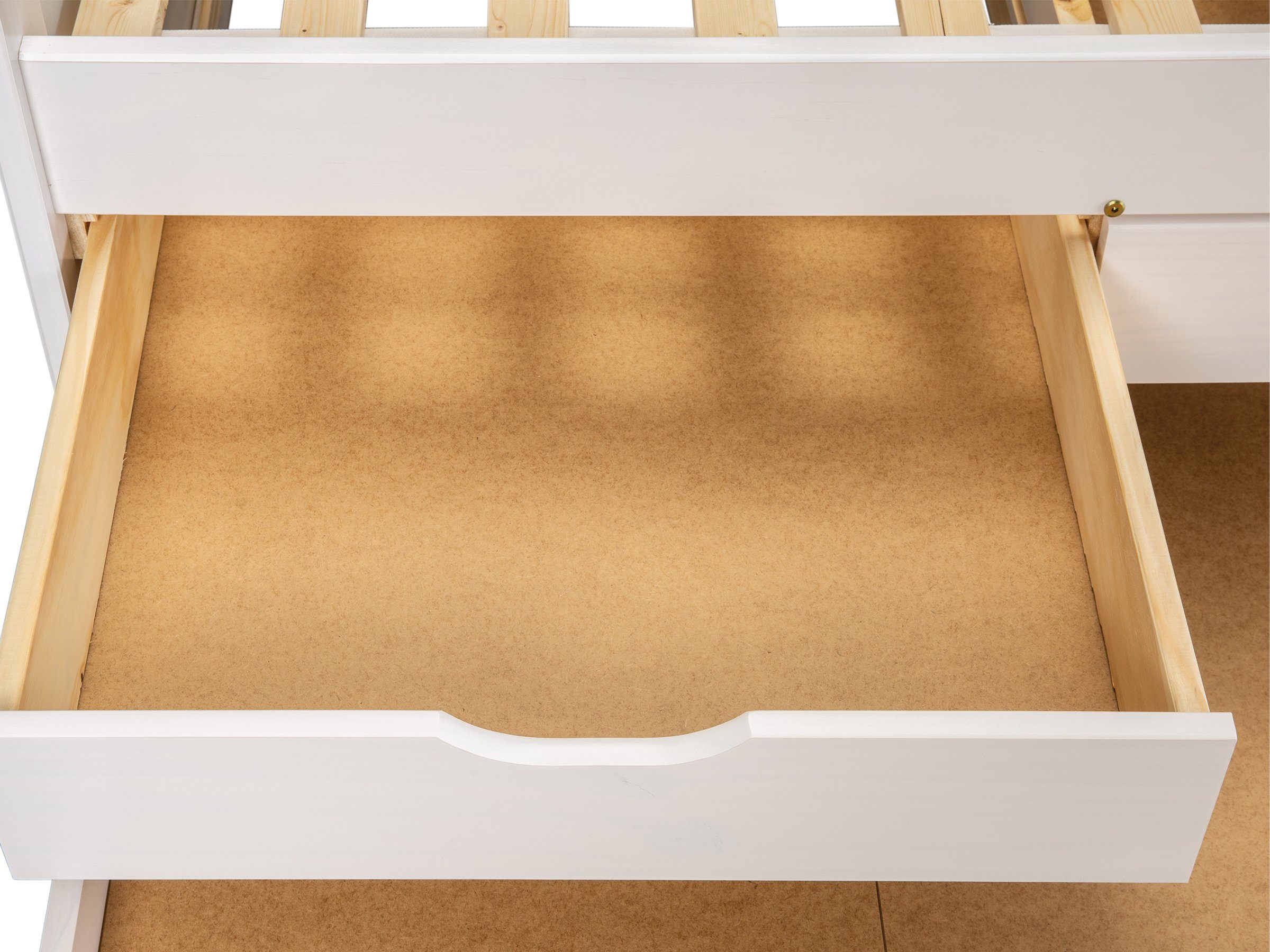 Farben Massivholz, weiß in Liegefläche Ulli, mit Inter ausziehbarer Funktionsbett 3 3 aus Lattenrost, herausnehmbaren Link inkl. 90x200, mit Schubladen,
