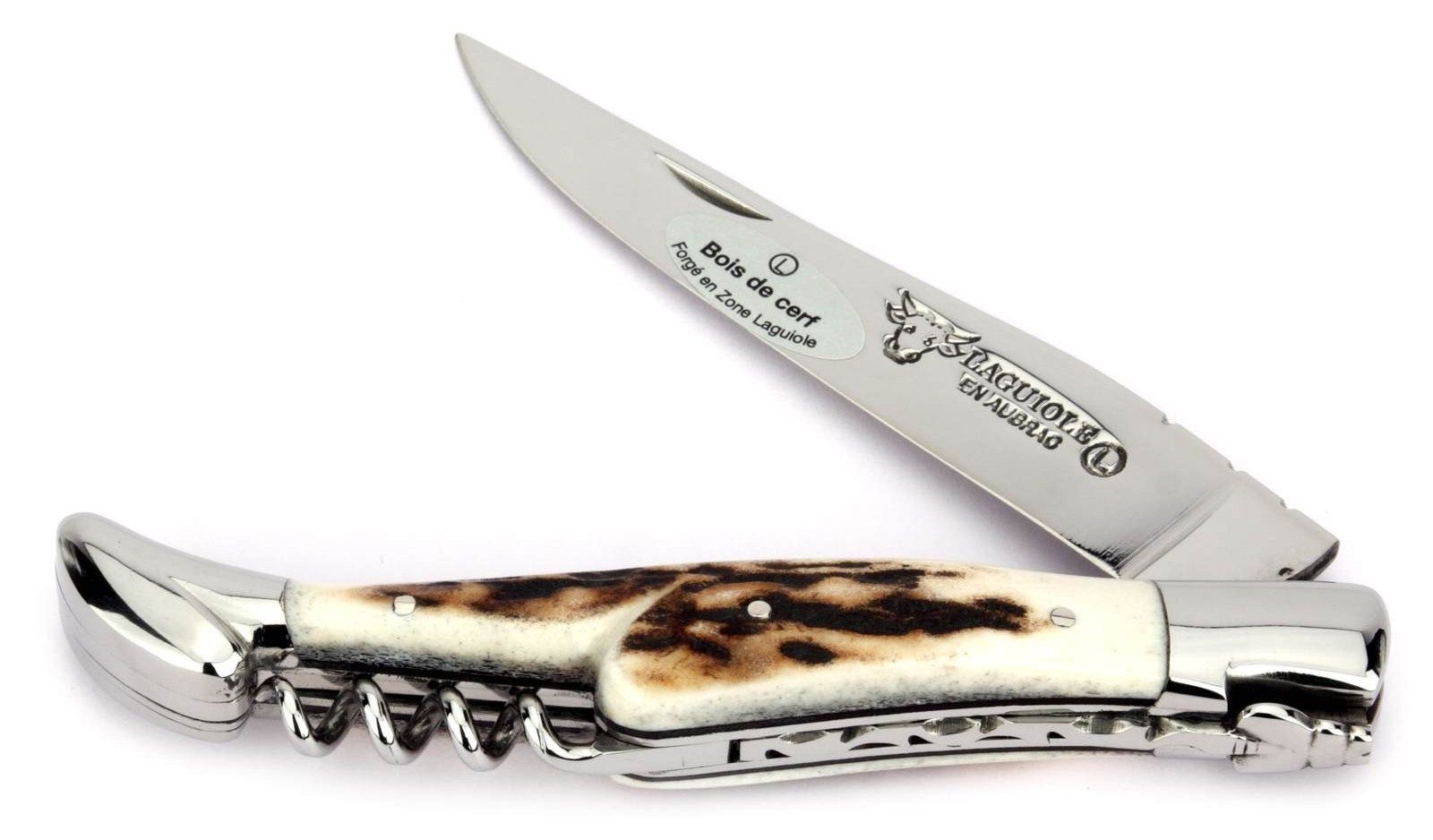 Laguiole en Aubrac Taschenmesser L0312BCIFI, Griff 12cm Hirschhorn - Verzierte Feder - Korkenzieher - Stahl Glanz