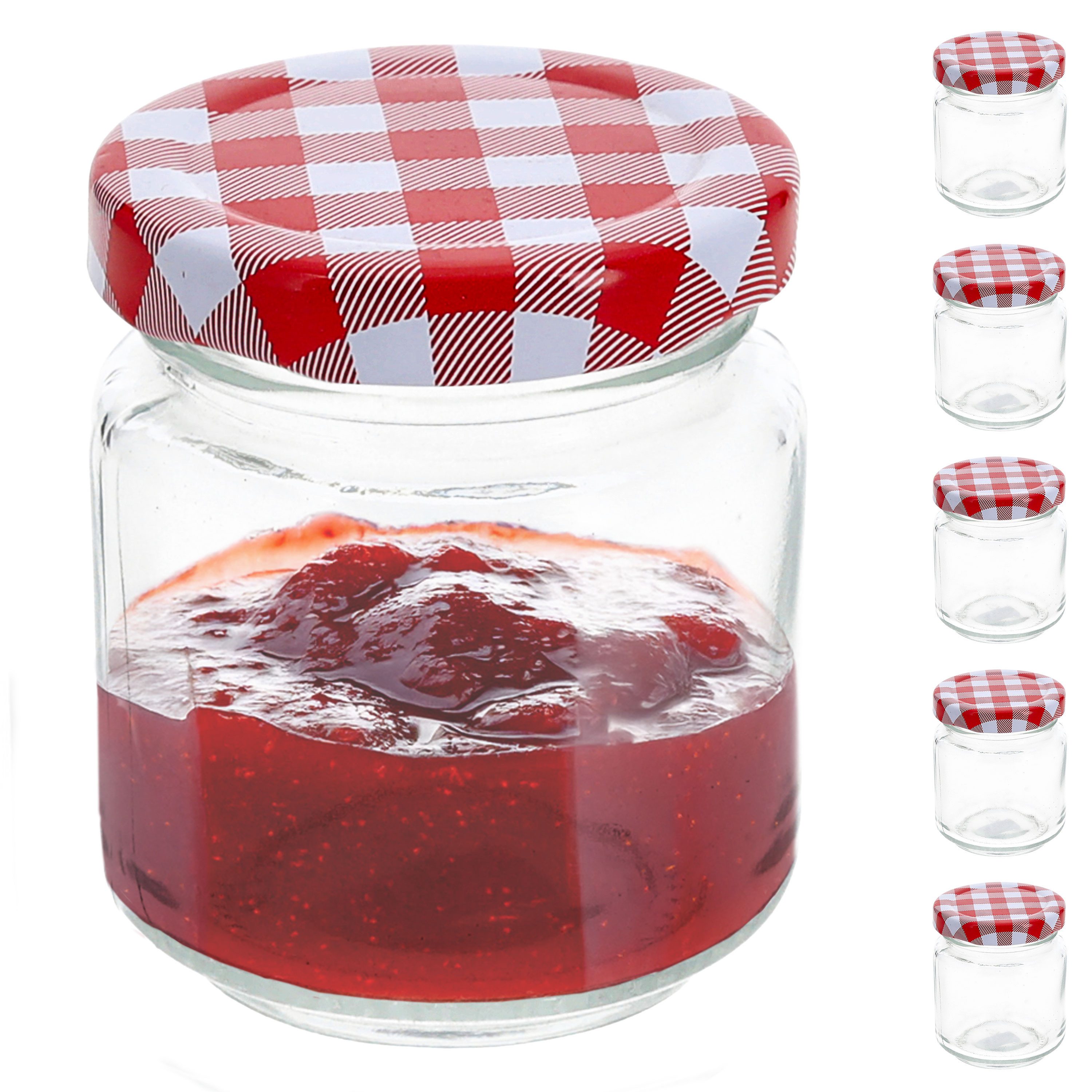 CEPEWA Einmachglas Einmachglas 6er Set 100ml 5,5x7cm Glas Metall Schraubdeckel rot-weiß