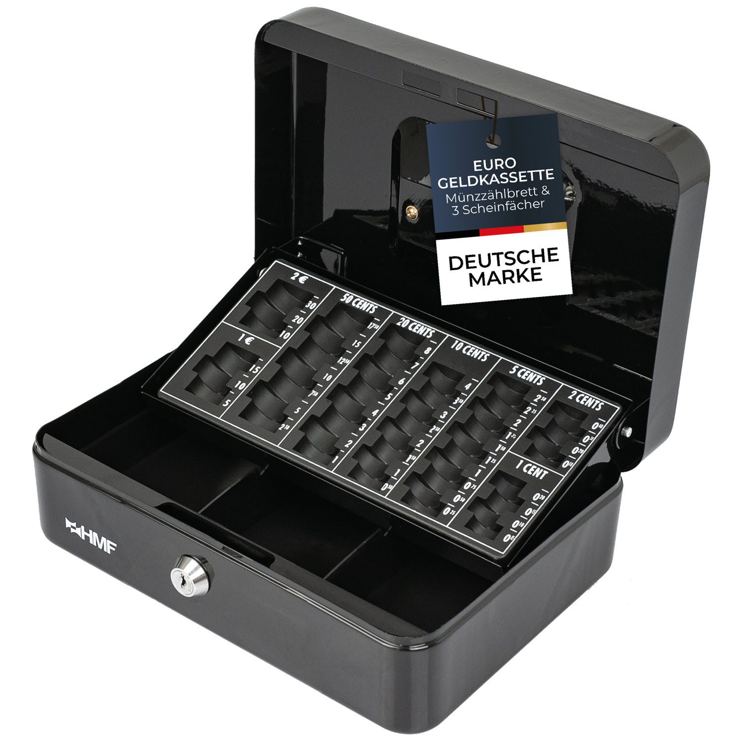 HMF Geldkassette Bargeldkasse mit herausnehmbarem Münzzählbrett und Scheinfach, robuste Geldbox mit Schlüssel, 25 x 18 x 9 cm, schwarz