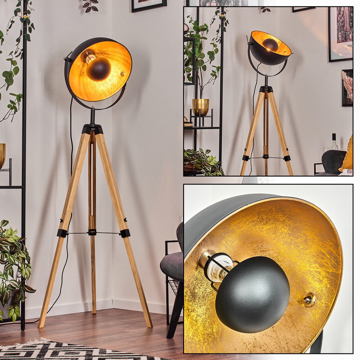 hofstein stehlampe stehlampe aus holz/metall in  naturfarben/schwarz/goldfarben, ohne leuchtmittel, leuchte im boho-style,  höhe 167 cm, Ø 40 cm,