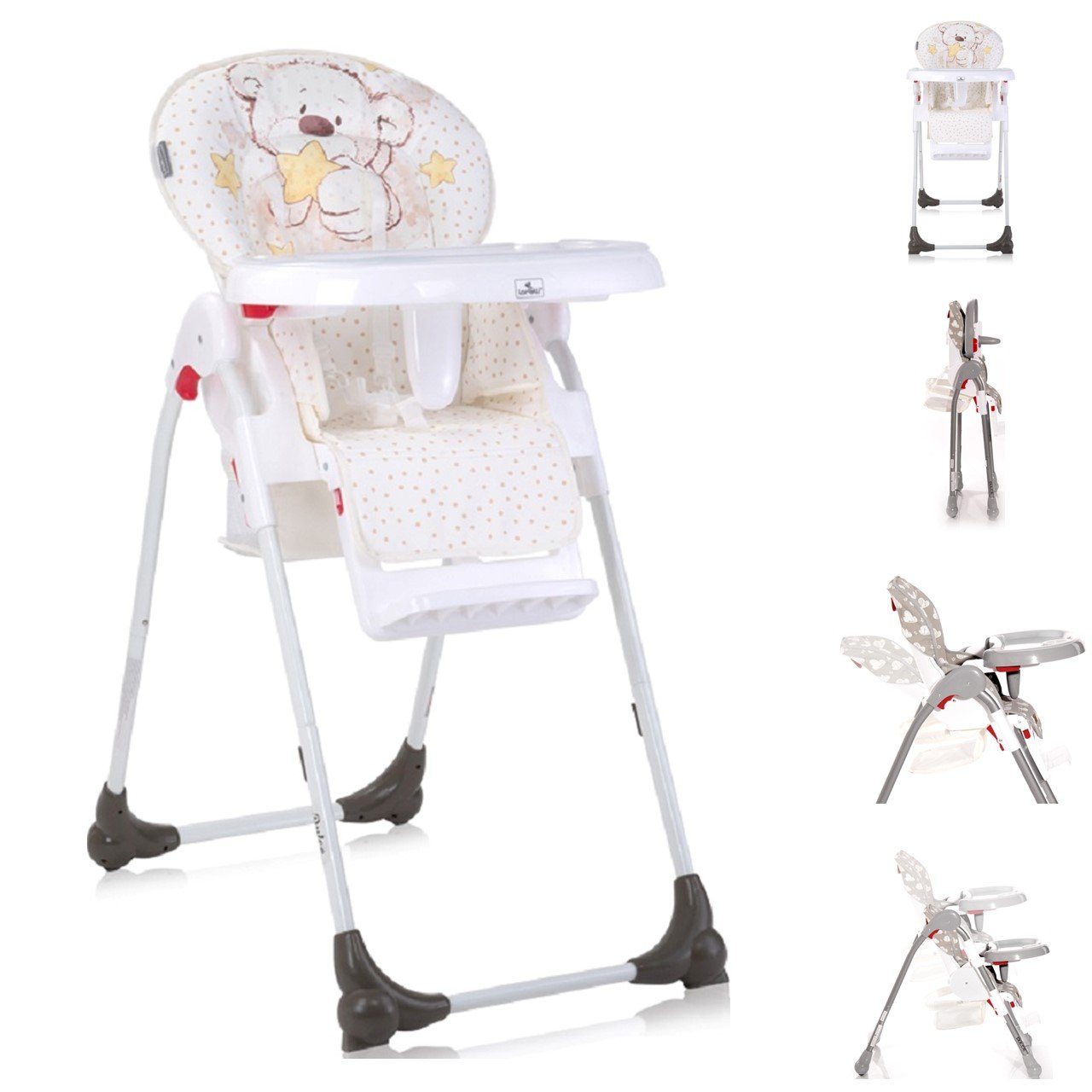 Lorelli Hochstuhl Kinderhochstuhl Dulce, Sitzhöhe verstellbar, faltbar, 5-Punkt-Gurt, Korb weiß beige