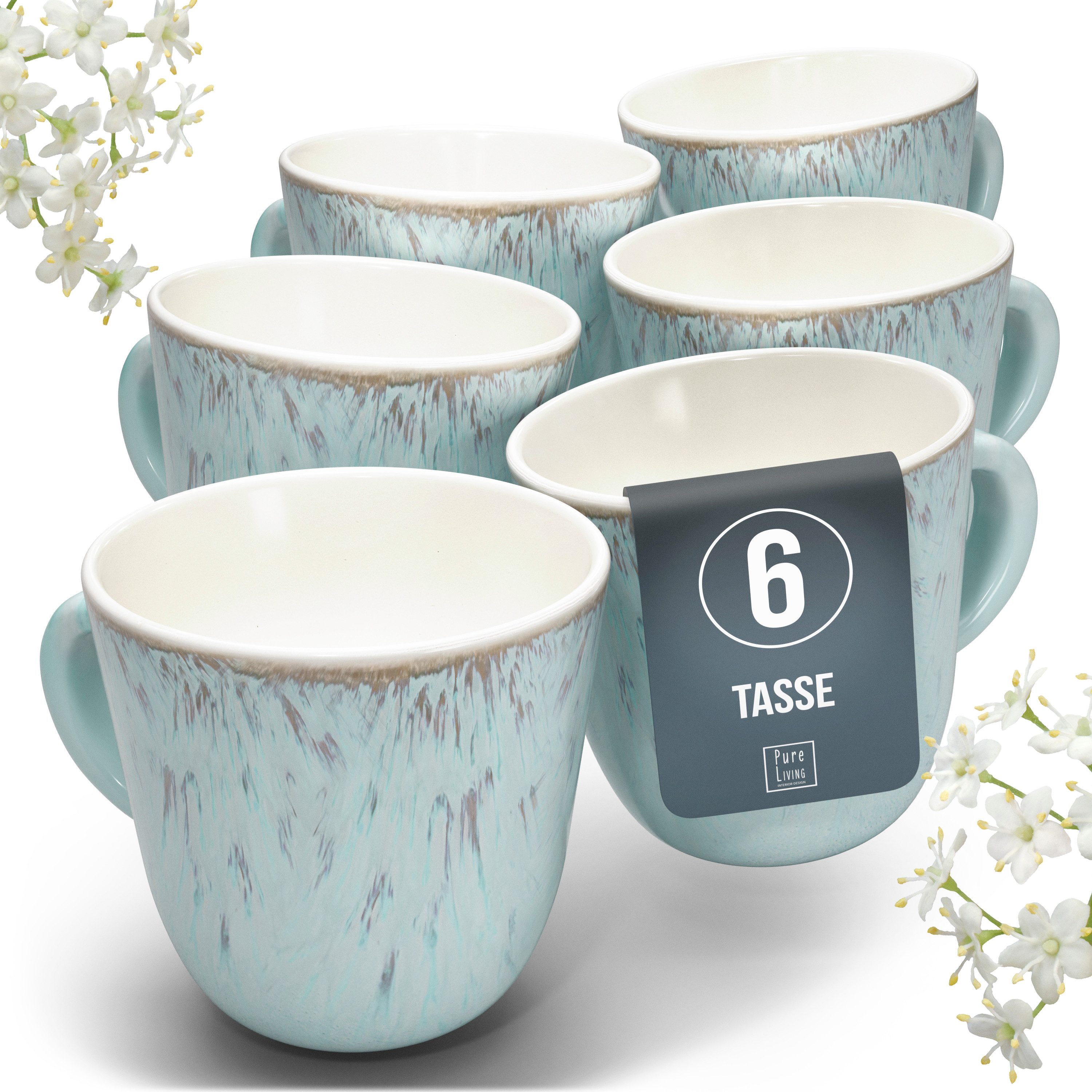 PURE LIVING INTERIOR DESIGN Geschirr-Set Ibiza Becher, 6er-Set, 435 ml, Beige Blau, Steingut (6-tlg), 6 Personen, Steingut