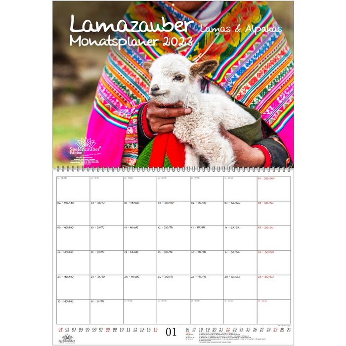 Seelenzauber Wandkalender Lamazauber Planer DIN A2 aufgeklappt - Kalender für 2023 Lama Alpaka