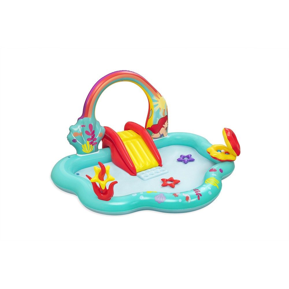 BESTWAY Planschbecken Wasserspielplatz Rutschenbecken Kinderbadebecken, (Spar-Set, 1-tlg., 221 x 193 x 117 cm bunt), Rutsche, Wasserfontäne, Ringwurfspiel, 160 l