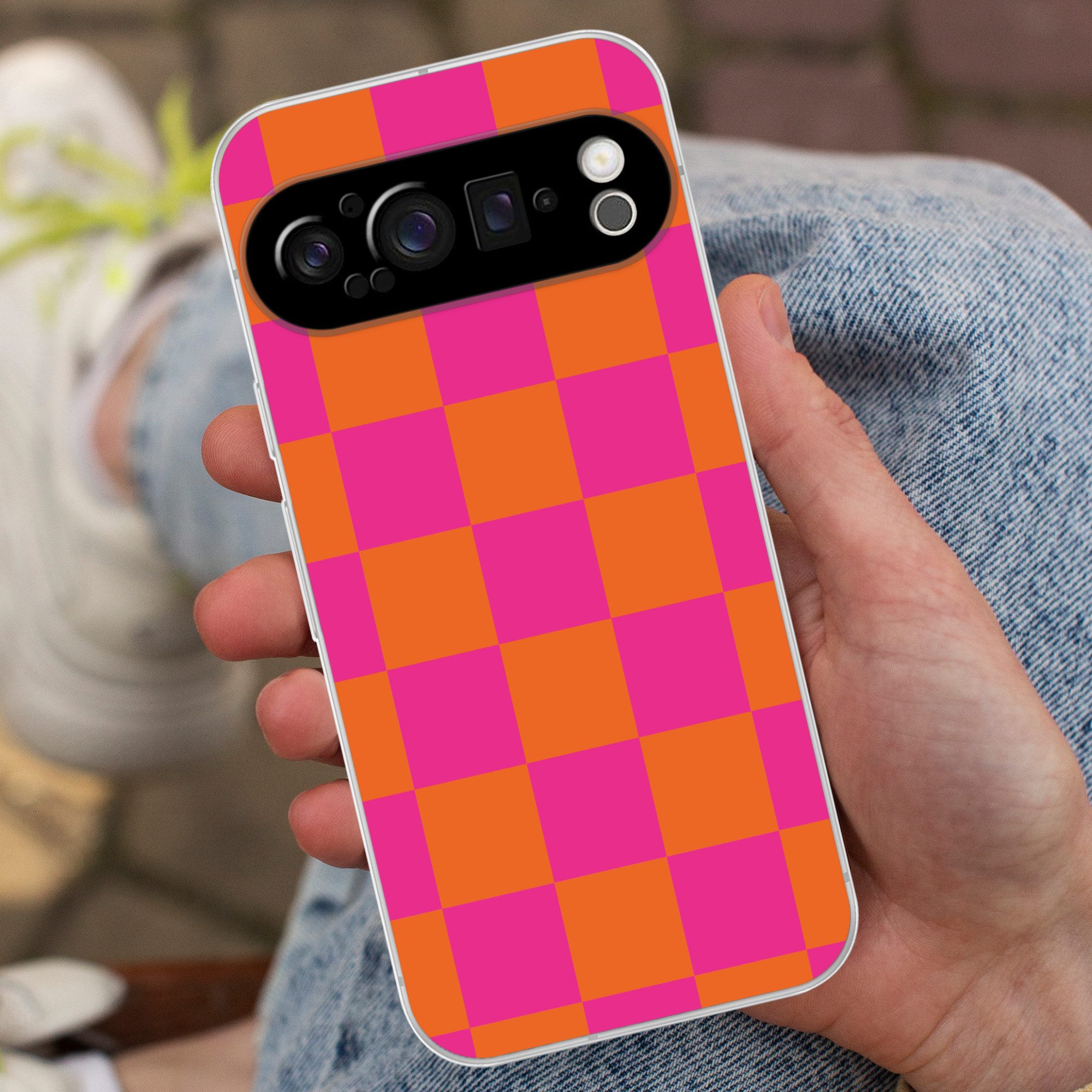 MuchoWow Handyhülle für Google Pixel 9 Pro Schachbrettmuster - Orange - Rosa - Blöcke, Phone Case, Silikon, Schutzhülle Dünn