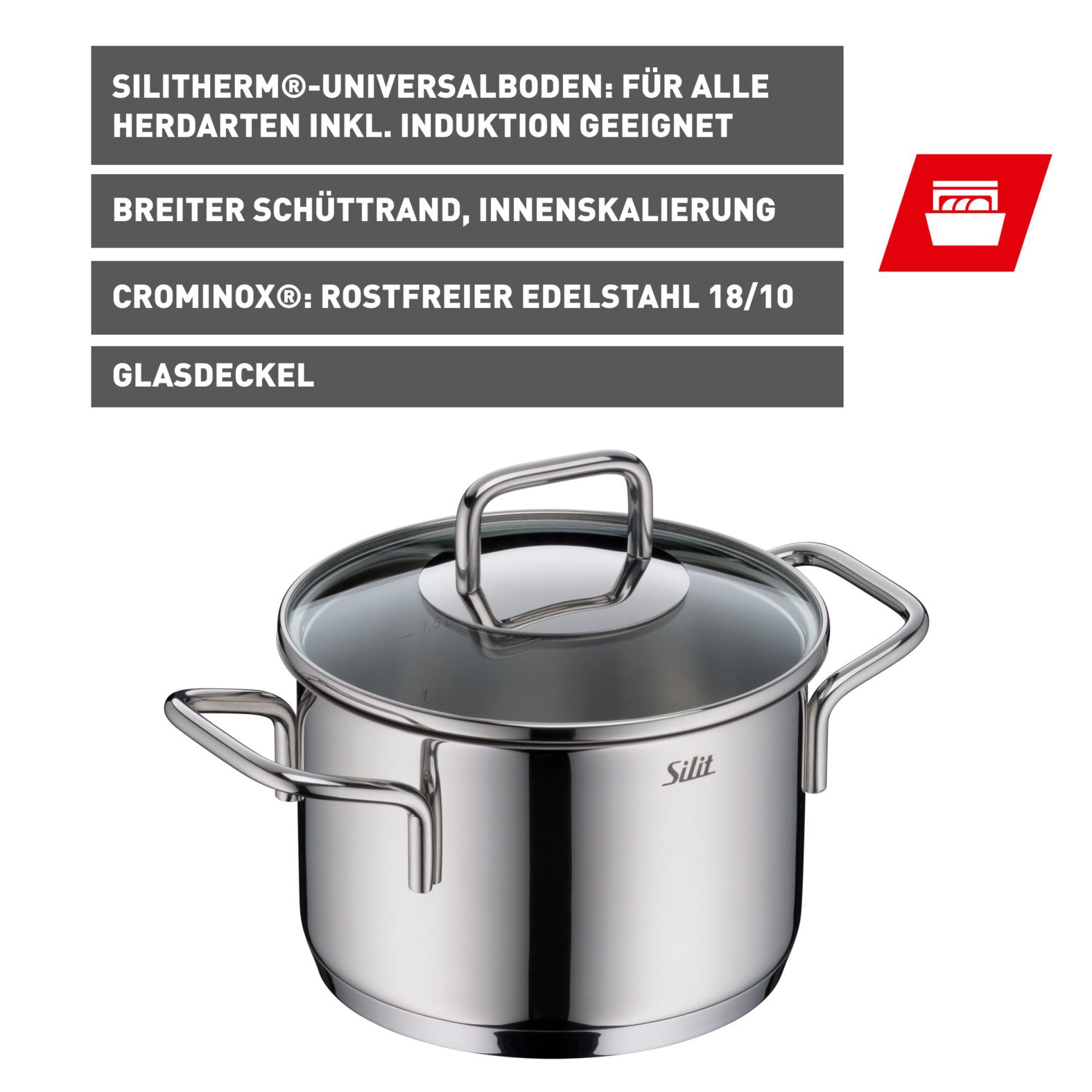 Silit Kochtopf Extra Cook, mit Glasdeckel, Edelstahl 18/10 (2-tlg), SiliTherm Universalboden, induktionsgeeignet, spülmaschinengeeignet