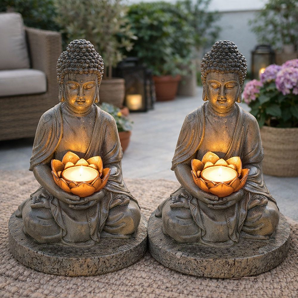 GLOBO LIGHTING LED Dekofigur, LED-Leuchtmittel fest verbaut, 2er Set LED Solarlampe Gartendeko Blumenbeet Buddha grau