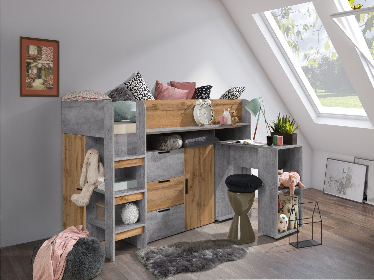 ABIKS MÖBEL Hochbett KONKRET 1 Etagenbett für Jugendliche mit Schreibtisch, Kleiderschrank