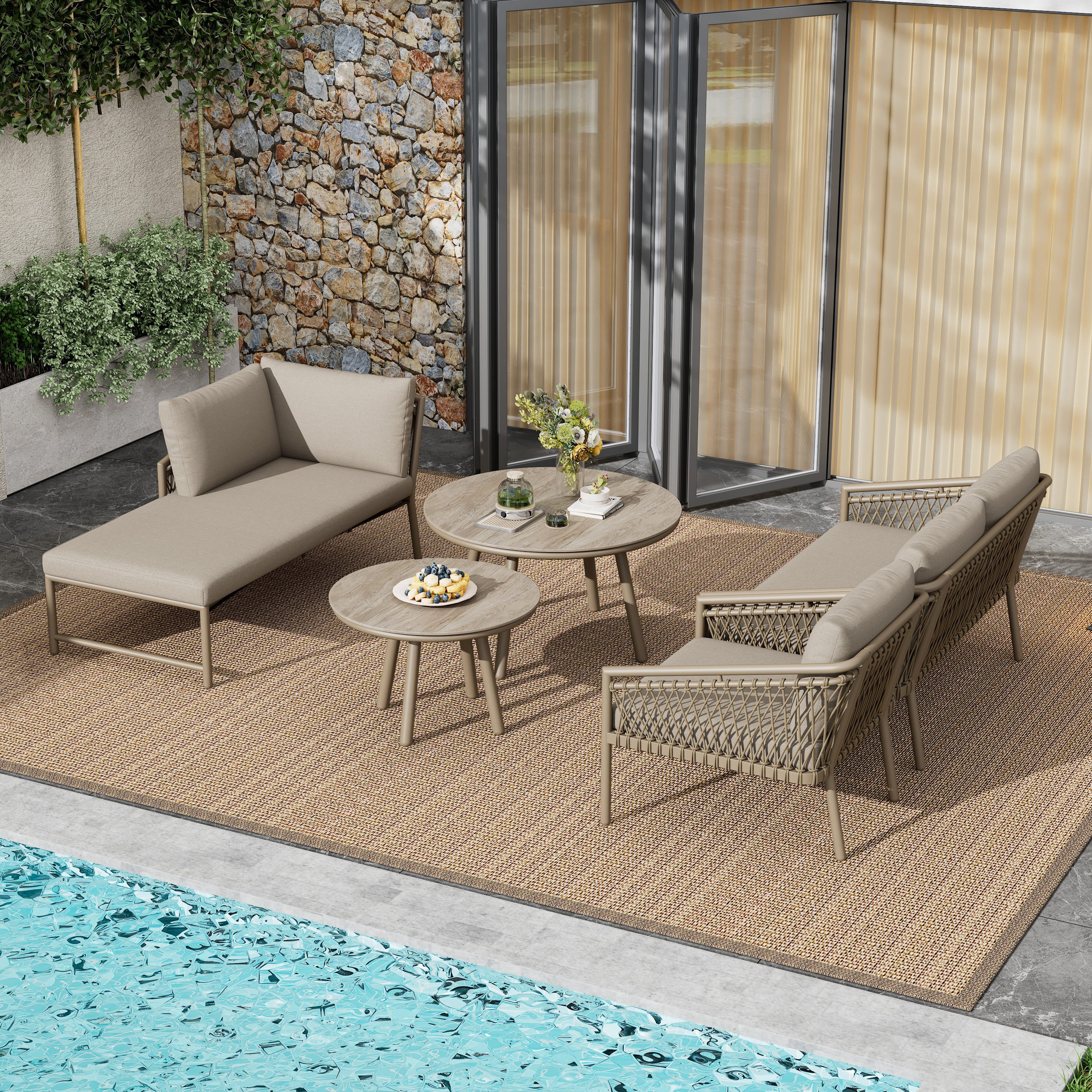 STILVORA Sofa Gartenmöbel Set Sitzgruppe mit Sitz- Und Rückenkissen Outdoor Sofa Set, Modernes Gartenmöbel Set aus Handgewebtem Seil für Terrasse, Balkon und Garten, Inklusive Kissen und 2 Tischen, Ergonomische Rückenlehne, Leichter Eisenrahmen, Stabil und Witterungsbeständig, Komfortable Sitzgelegenheit für Familie und Gäste, mit Relaxfunktion