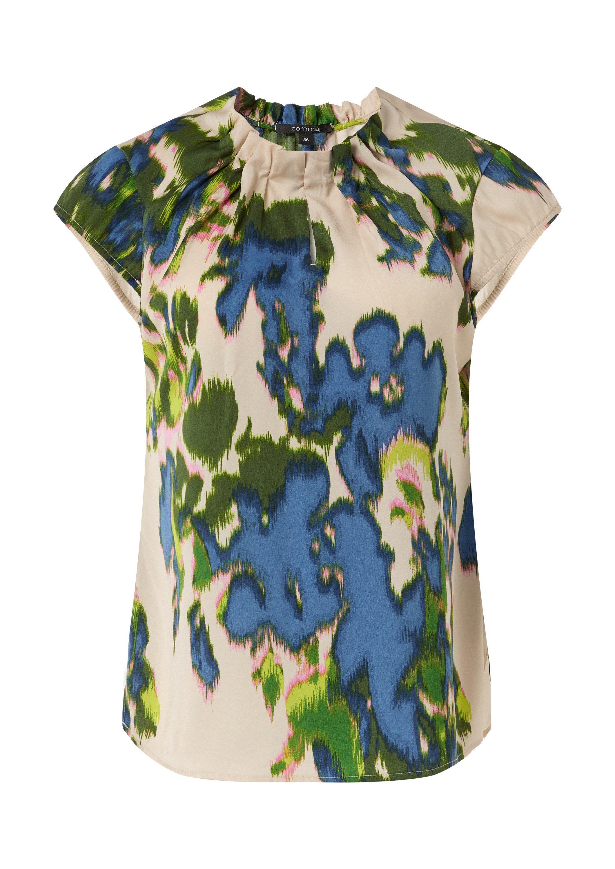 comma Kurzarmbluse Bluse Satinierte Bluse mit All-over-Print und Raffung