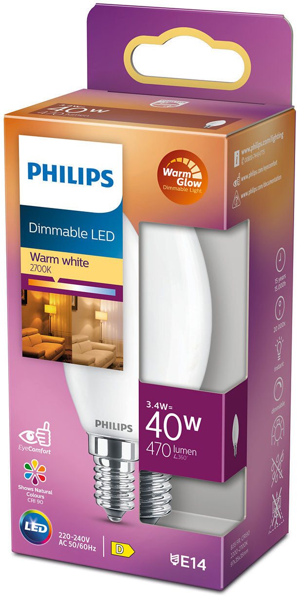 Philips Hue LED-Leuchtmittel LED Classic WarmGlow B35 Kerzenlampe 40W E14 Matt dimmbar, E14