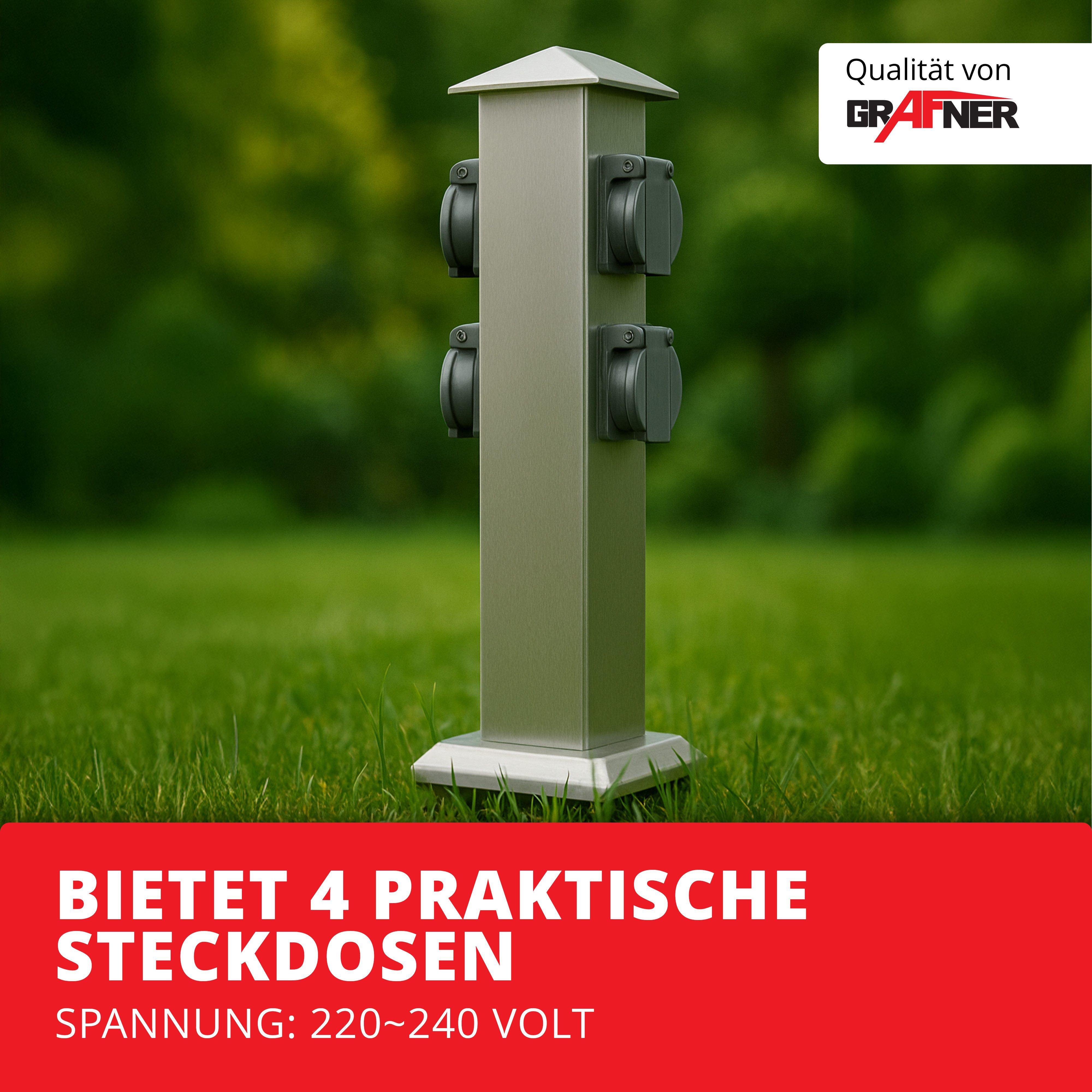 Grafner Gartensteckdose Steckdosensäule mit 4 Außensteckdosen Edelstahl Gartensteckdose, Stck, 1-St., 1, Höhe: ca. 40 cm, Witterungsbeständig