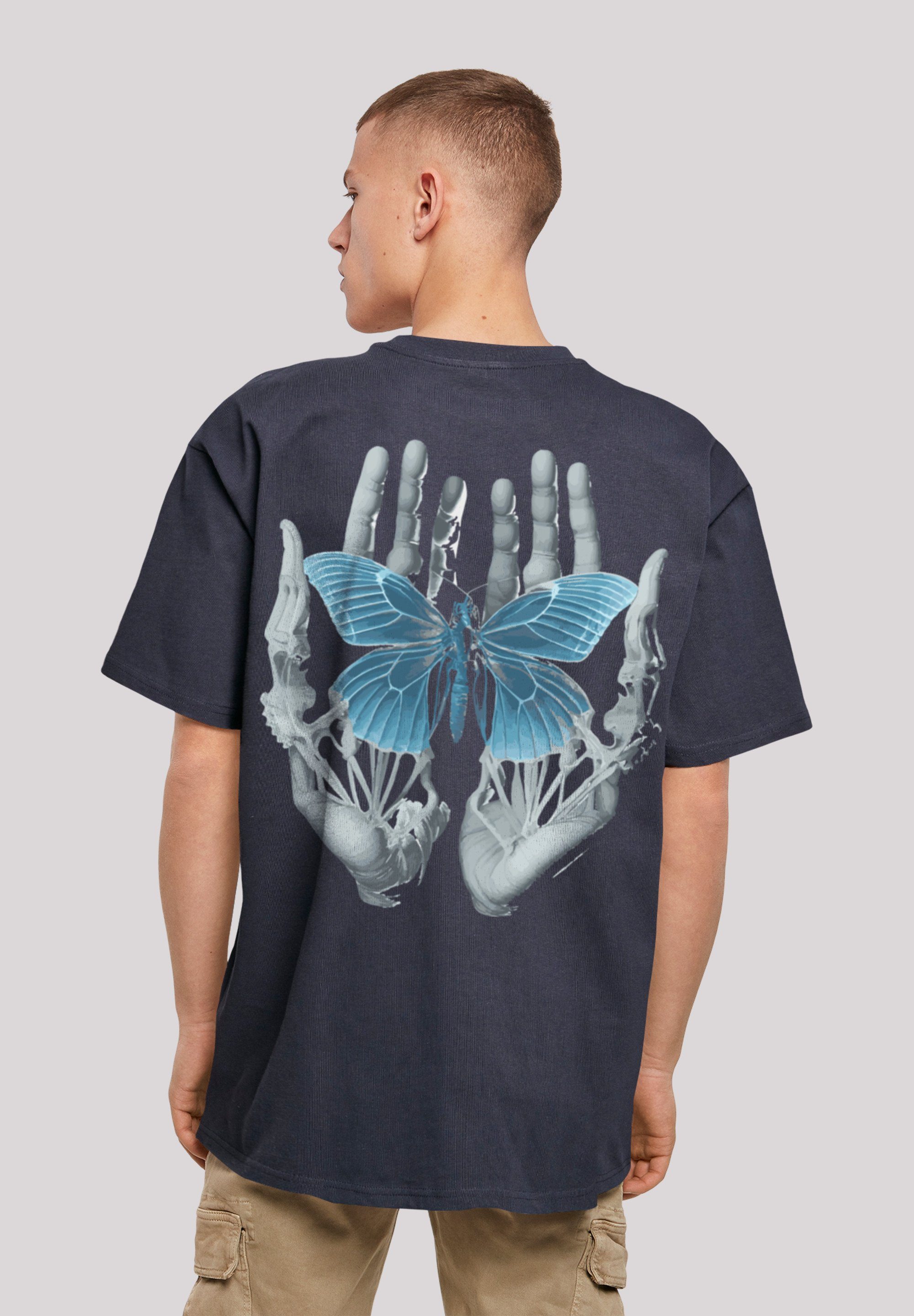 F4NT4STIC T-Shirt Skelett Hände Schmetterling Print navy