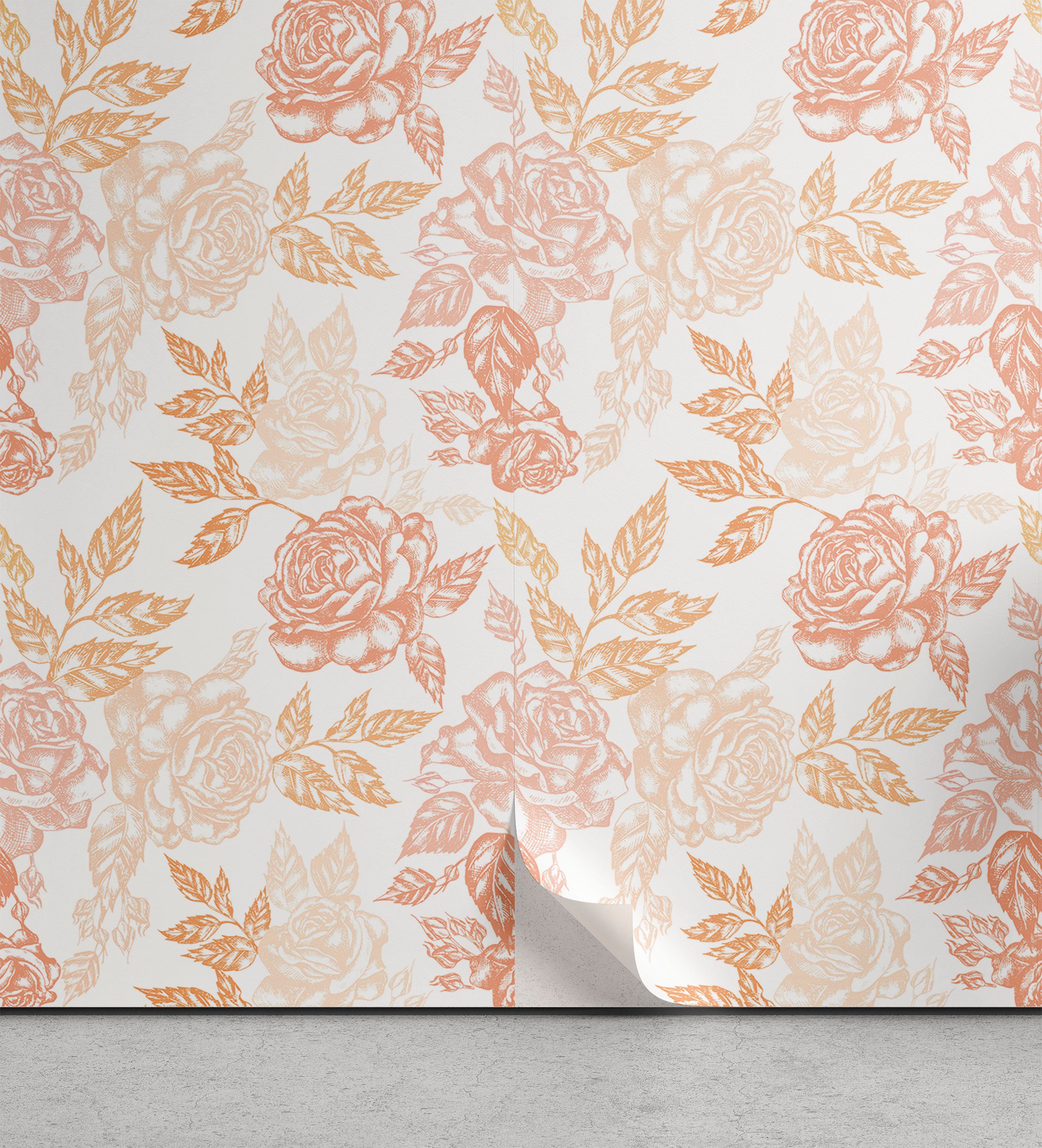 Abakuhaus Vinyltapete selbstklebendes Wohnzimmer Küchenakzent, Vintage Rose Pfirsichfarbenen Ton-Blumenkunst