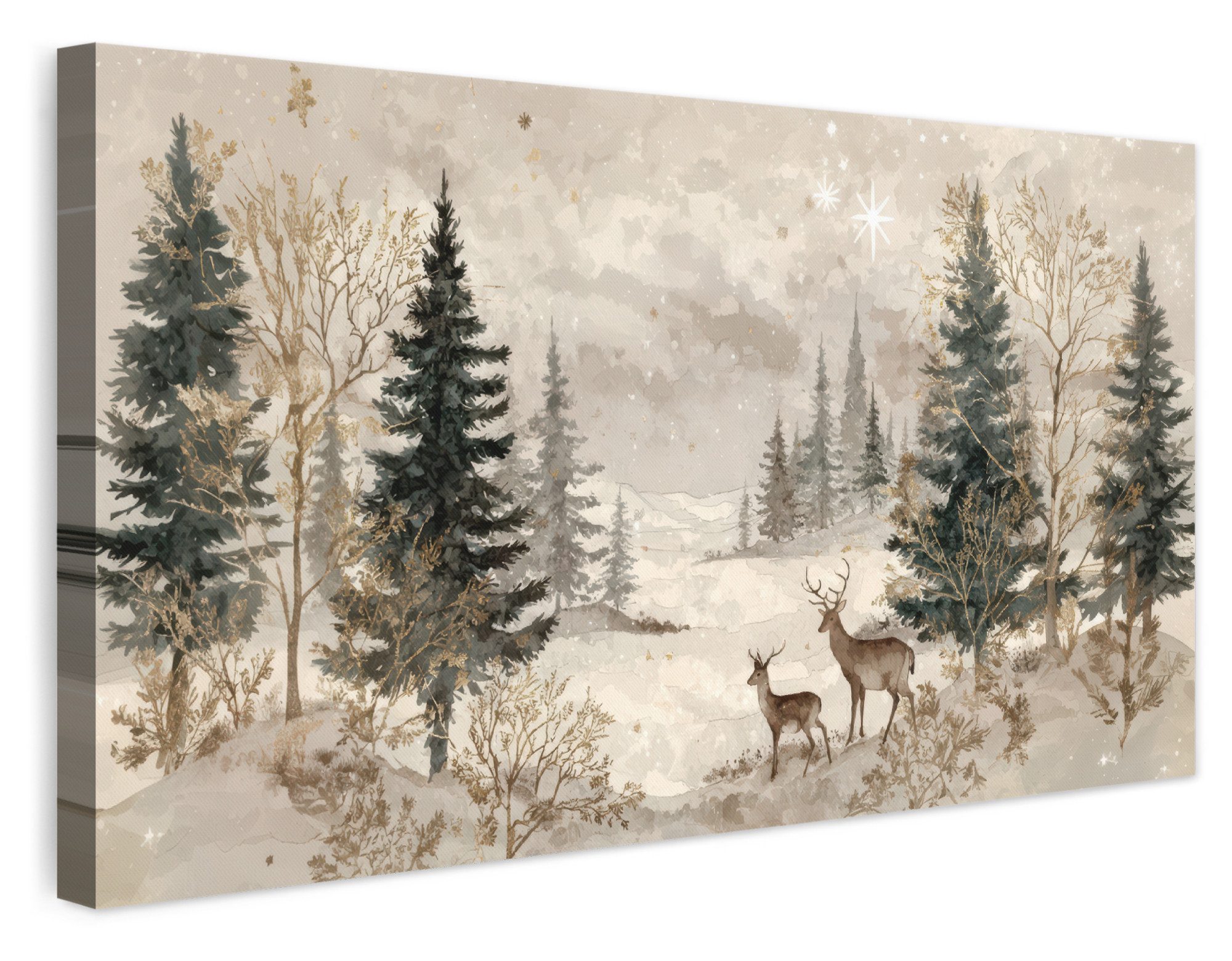 OneMillionCanvasses® Leinwandbild Panorama Wald - Hirsche - Winter - Schnee, Fotodruck (1 St), Wandbild, Deko Schlafzimmer Wohnzimmer Flur 40x20 cm