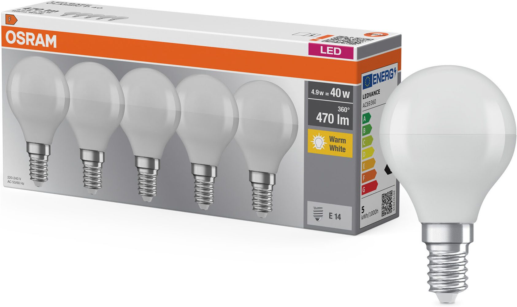 Osram LED-Leuchtmittel LED BASE Tropfenform, E14, 5 St., Warmweiß