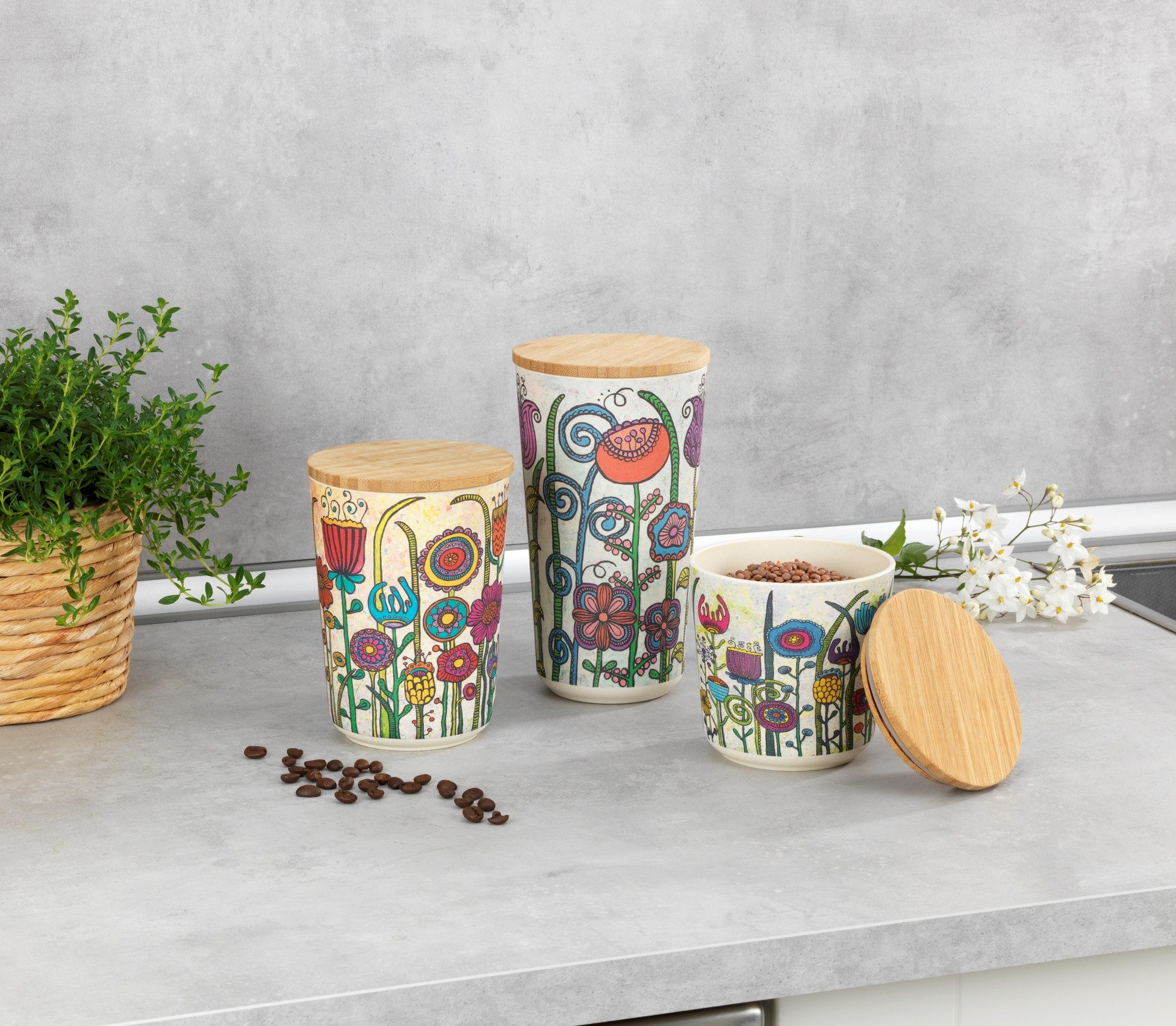 WENKO Aufbewahrungsdose Modell Garden (Set, 3 St), aus Biokunststoff, mit Bambusdeckel, FSC-zertifiziert