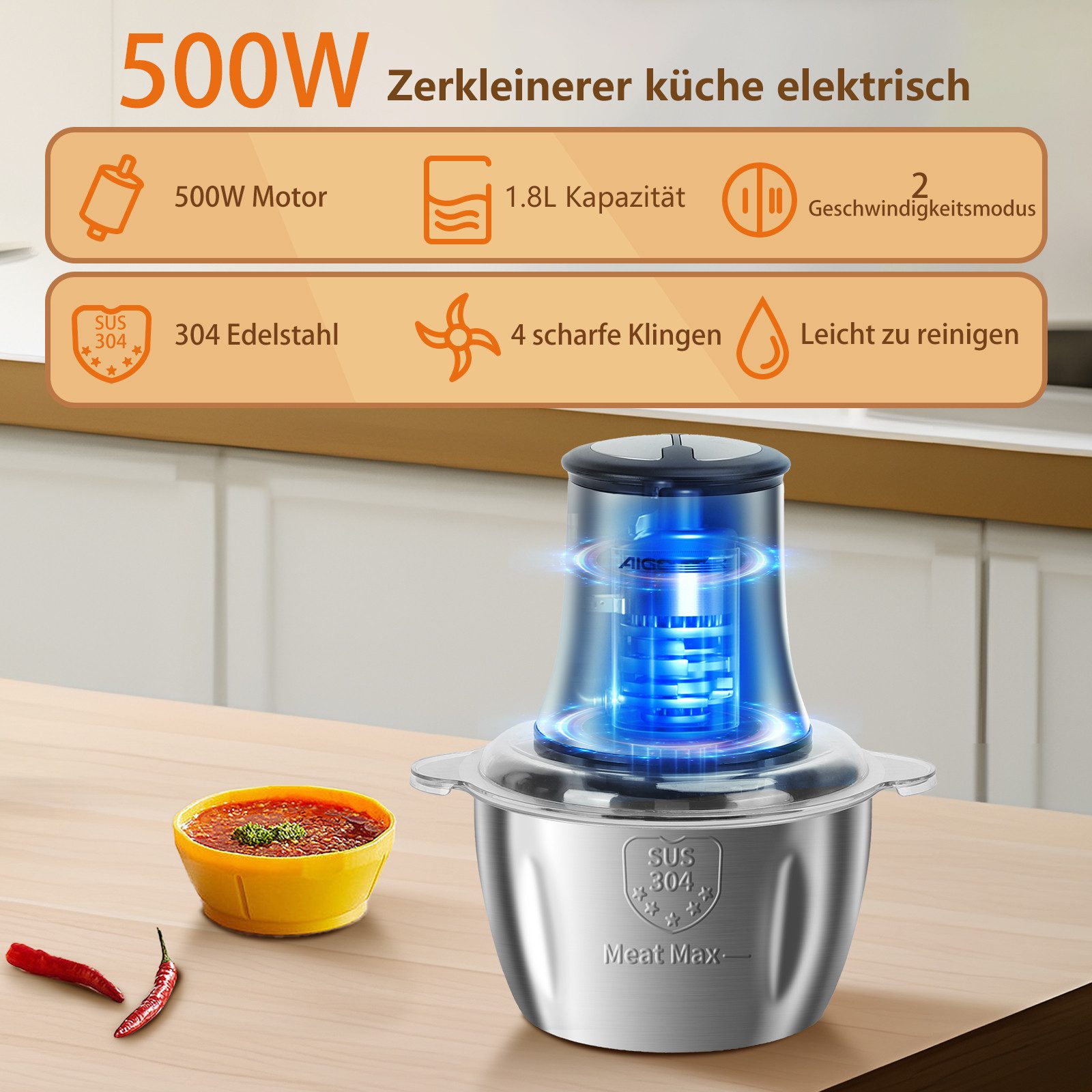 Aigostar Fleischwolf Zerkleinerer küche elektrisch, Multizerkleinerer für Fleisch, 500,00 W, 500W hohe Leistung, 2 Geschwindigkeiten, 4 Edelstahlklingen