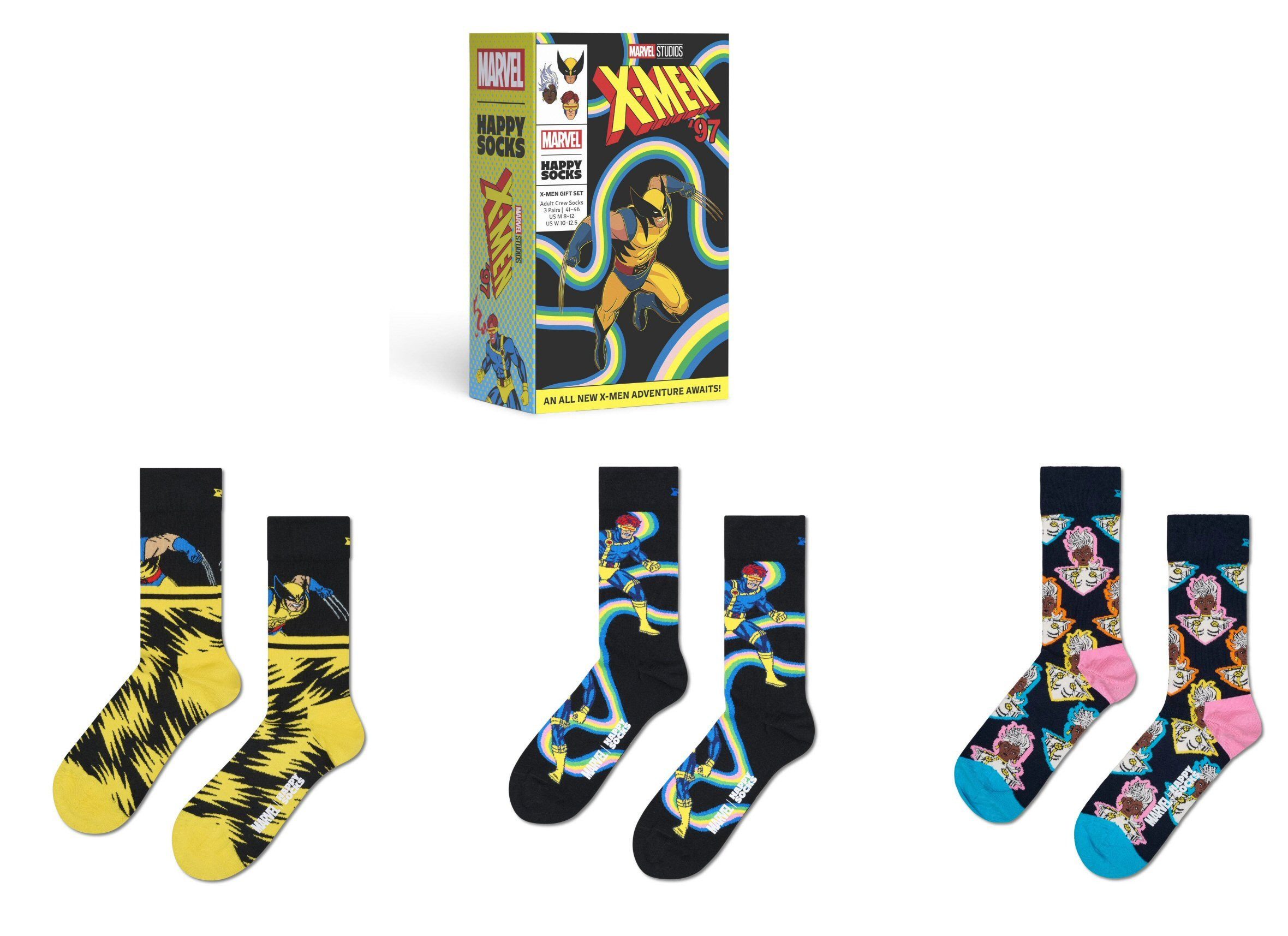 Happy Socks Socken Tagessocke Crew Marvel X-Men Geschenkbox gelb - 3 Paar