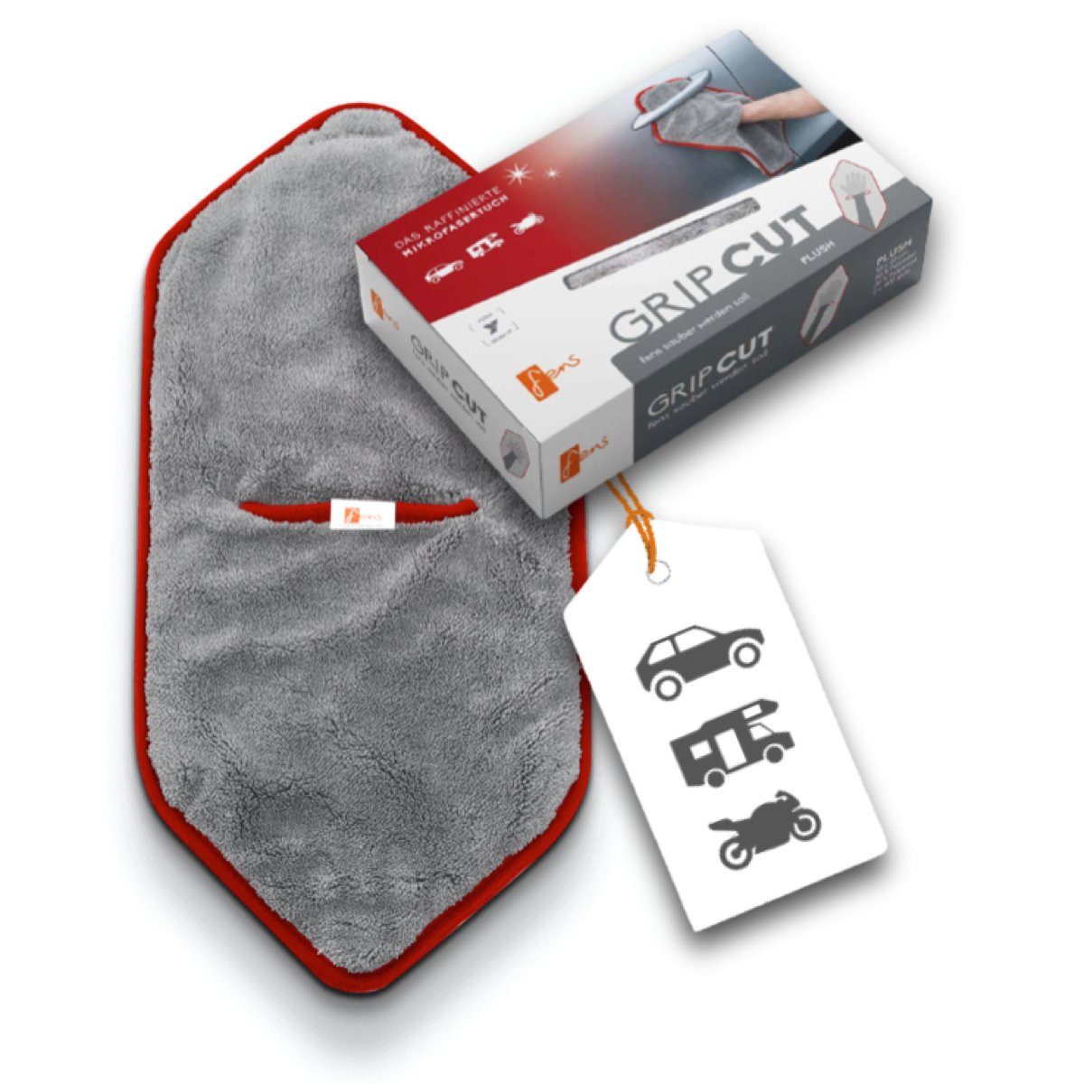 fens Grip Cut Plush, innovativ das (Plush, für viele cleverste der Tuch Welt, grau/rot) Einsatzzwecke, Autopflege, designtes Tuch Mikrofasertuch