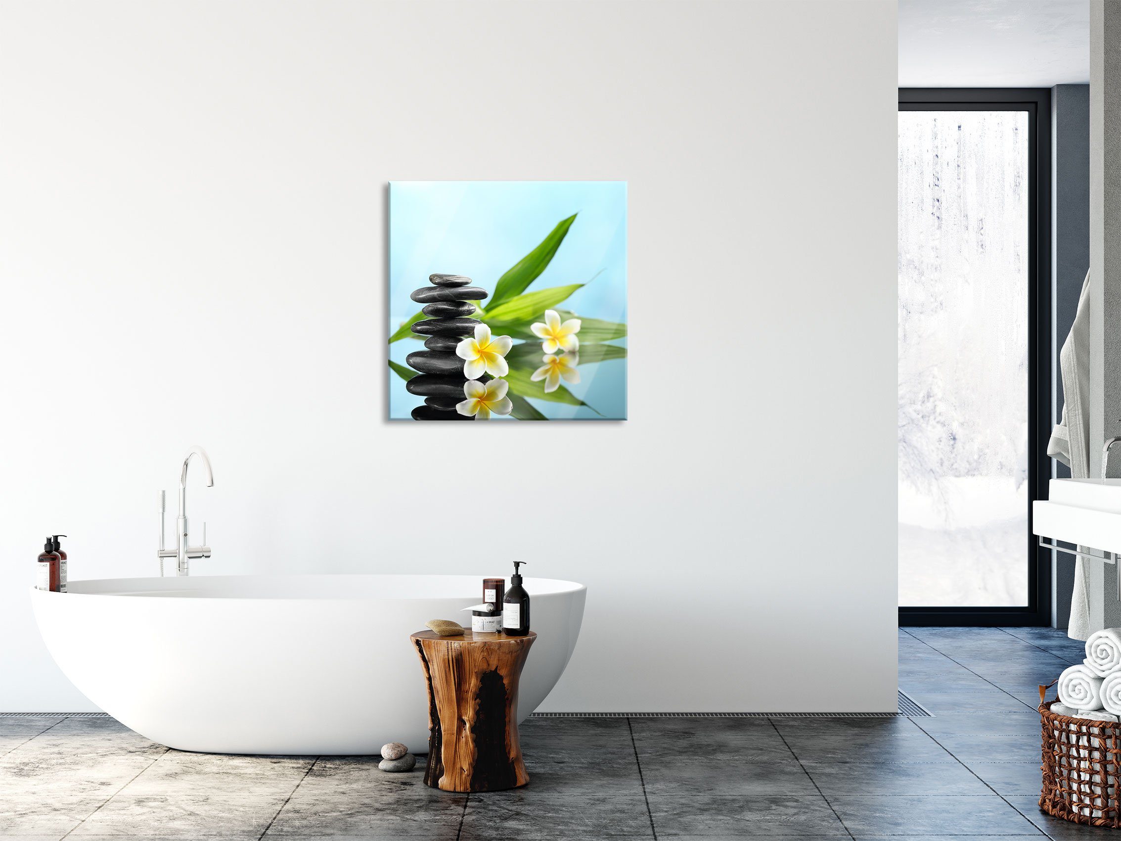 St), Blüten, Echtglas, Blüten Monoi Steinturm (1 Abstandshalter Glasbild Glasbild Zen inkl. und Pixxprint aus Aufhängungen Steinturm Zen Monoi