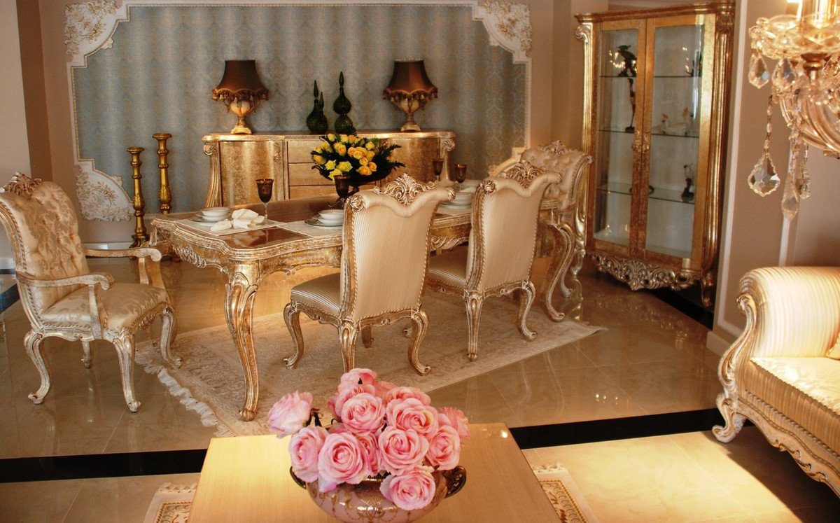 Padrino Prunkvolle Casa Barock - / - 1 Set Gold Gold Esszimmertisch Luxus Esszimmerstühle Antik Barock Möbel Esszimmer-Set Esszimmer & 6 Esszimmer