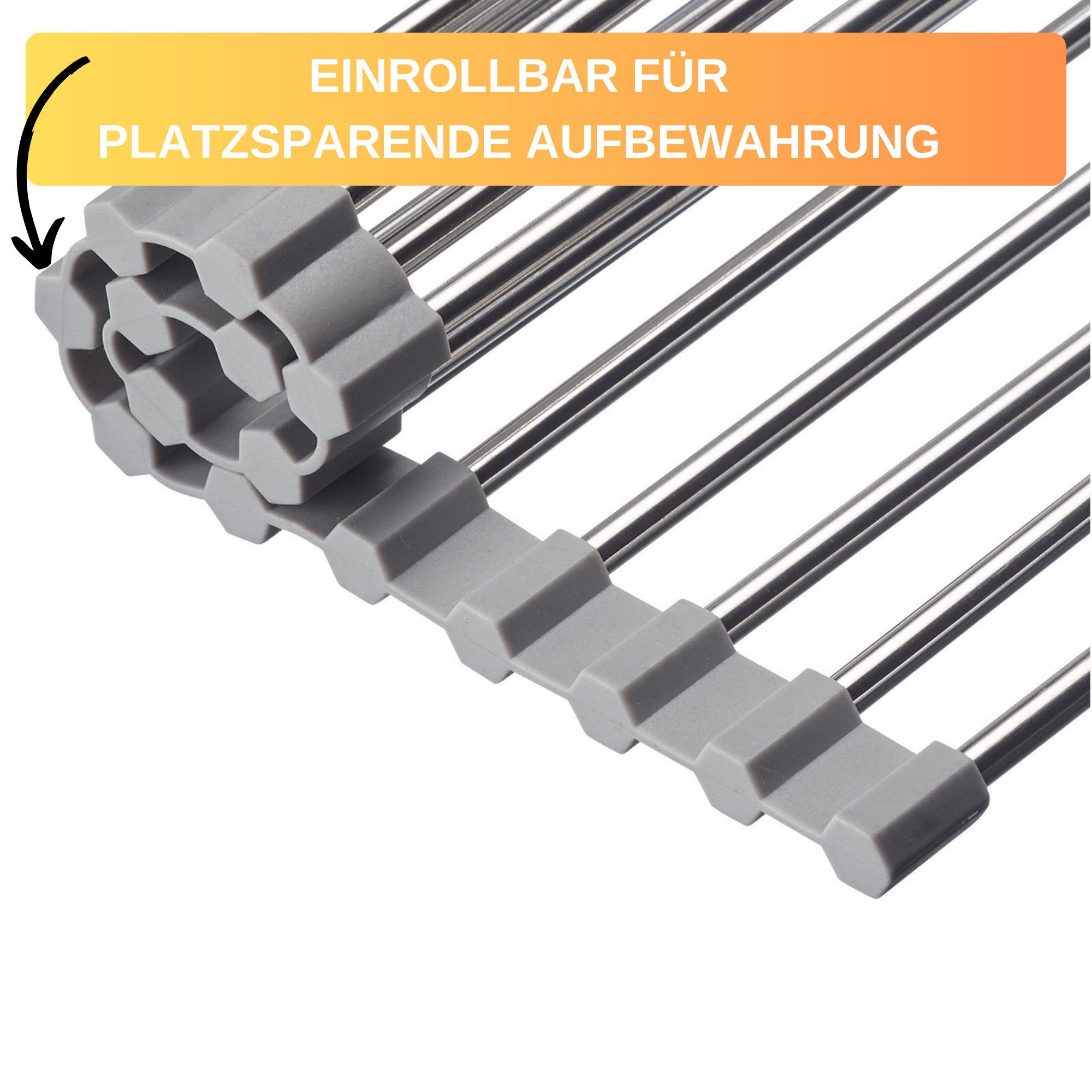 Thiru Abtropfmatte rollbar, aus rostfreiem Edelstahl - 29 cm x 47 cm, mit Silikonkante