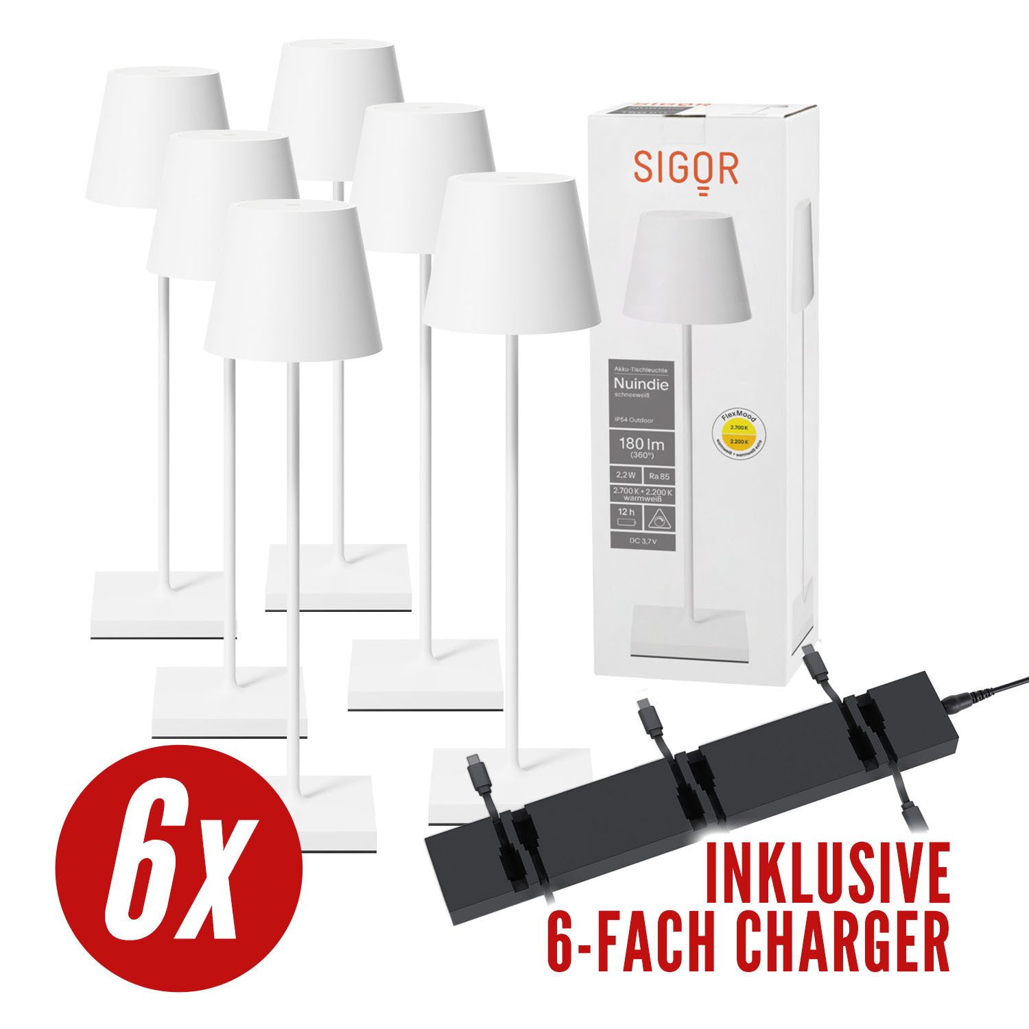 SIGOR LED Tischleuchte 6x Nuindie USB-C 380mm schneeweiß + 1x Charger, Dimmbar, 1 LED Platine, 2.700 K / 2.200 K