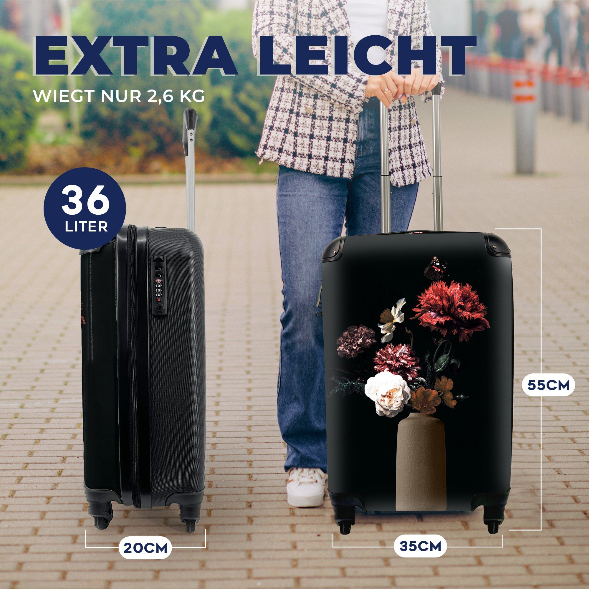 Vase Ferien, für mit rollen, Reisetasche MuchoWow Reisekoffer Trolley, Handgepäckkoffer 4 - Blumen Handgepäck - Stilleben, Rollen,