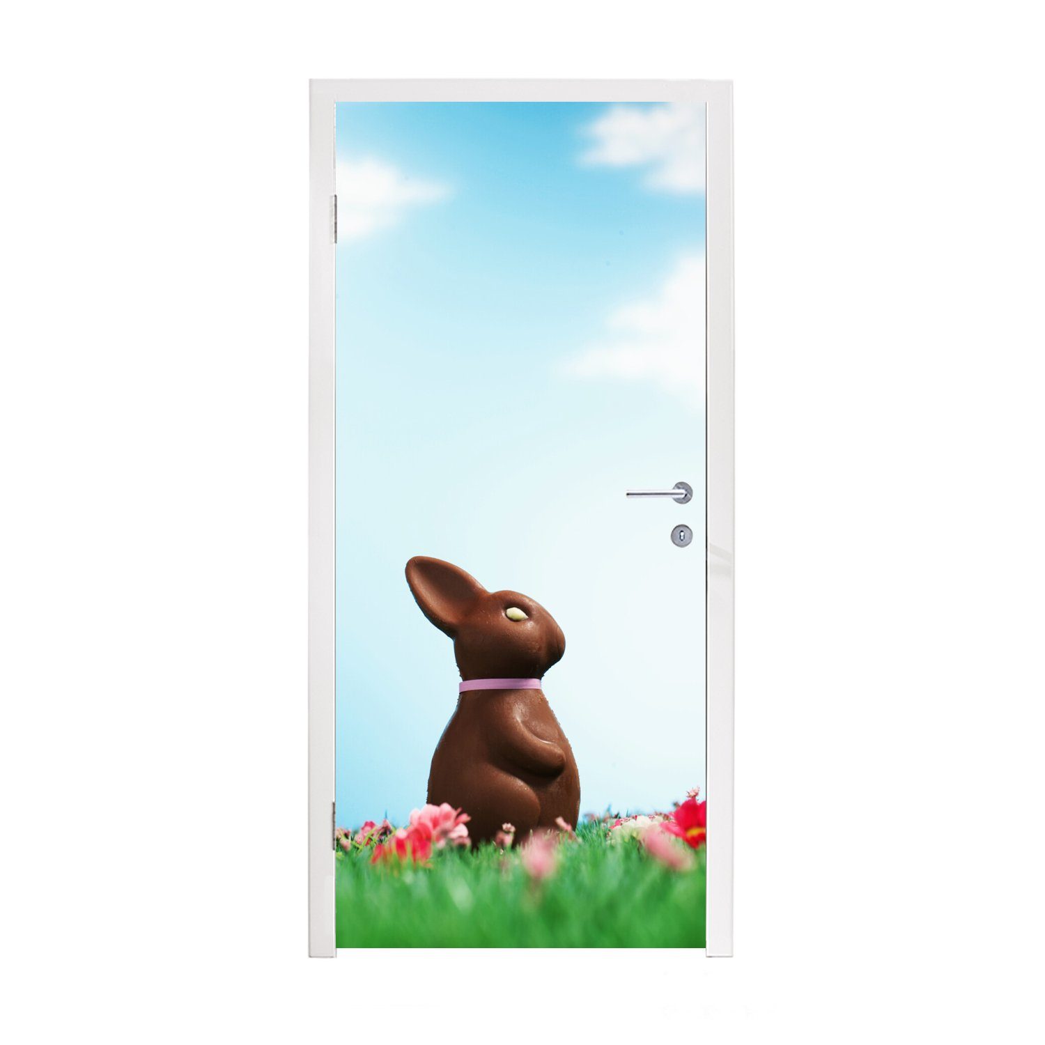 MuchoWow Türtapete Schokoladenosterhase in einem Blumenfeld, Matt, bedruckt, (1 St), Fototapete für Tür, Türaufkleber, 75x205 cm