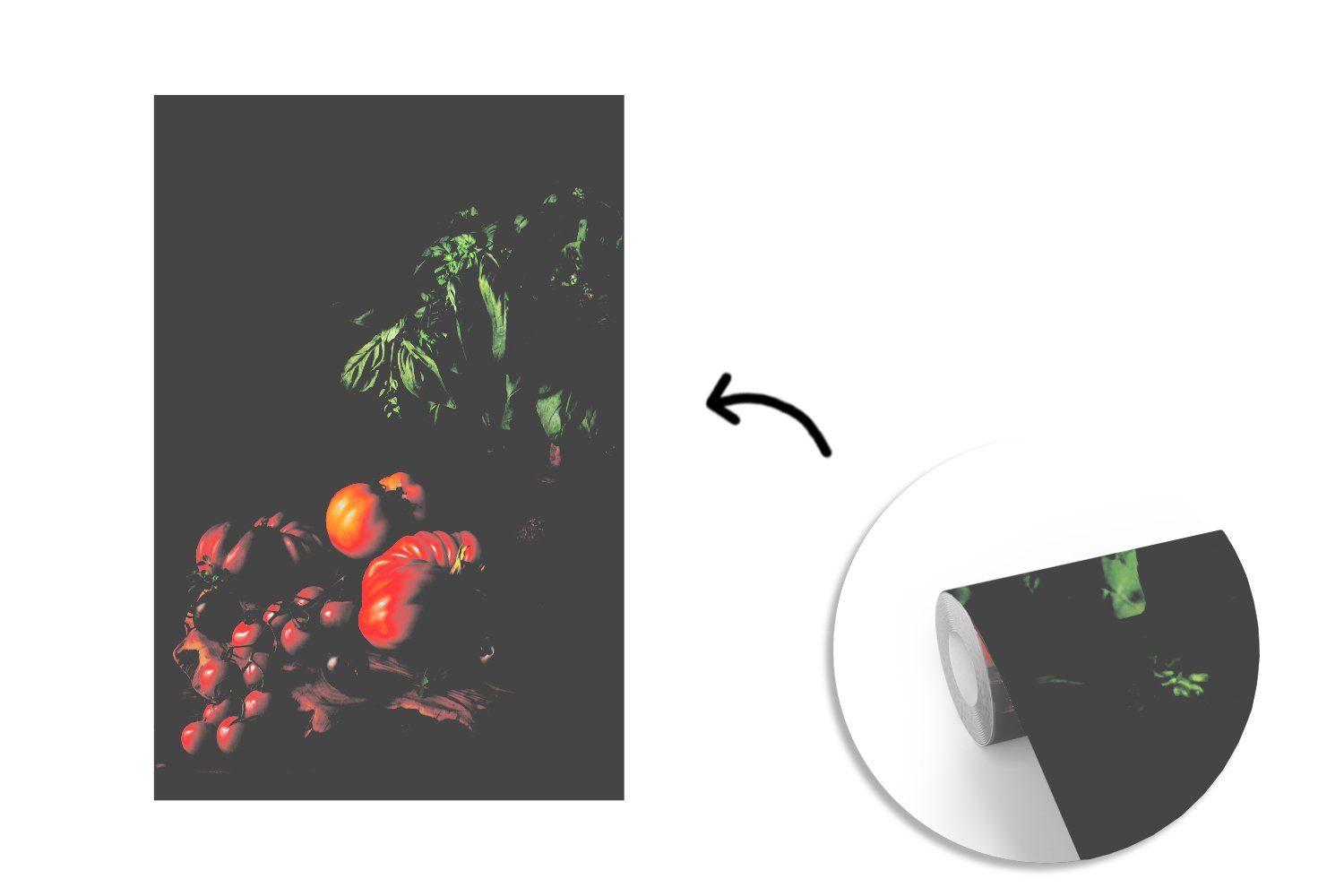 MuchoWow Fototapete Stilleben - Montagefertig Tapete Matt, für Gemüse (3 Vinyl Schwarz, Gemälde Wandtapete - Basilikum - Wohnzimmer, - - St), bedruckt, Tomaten