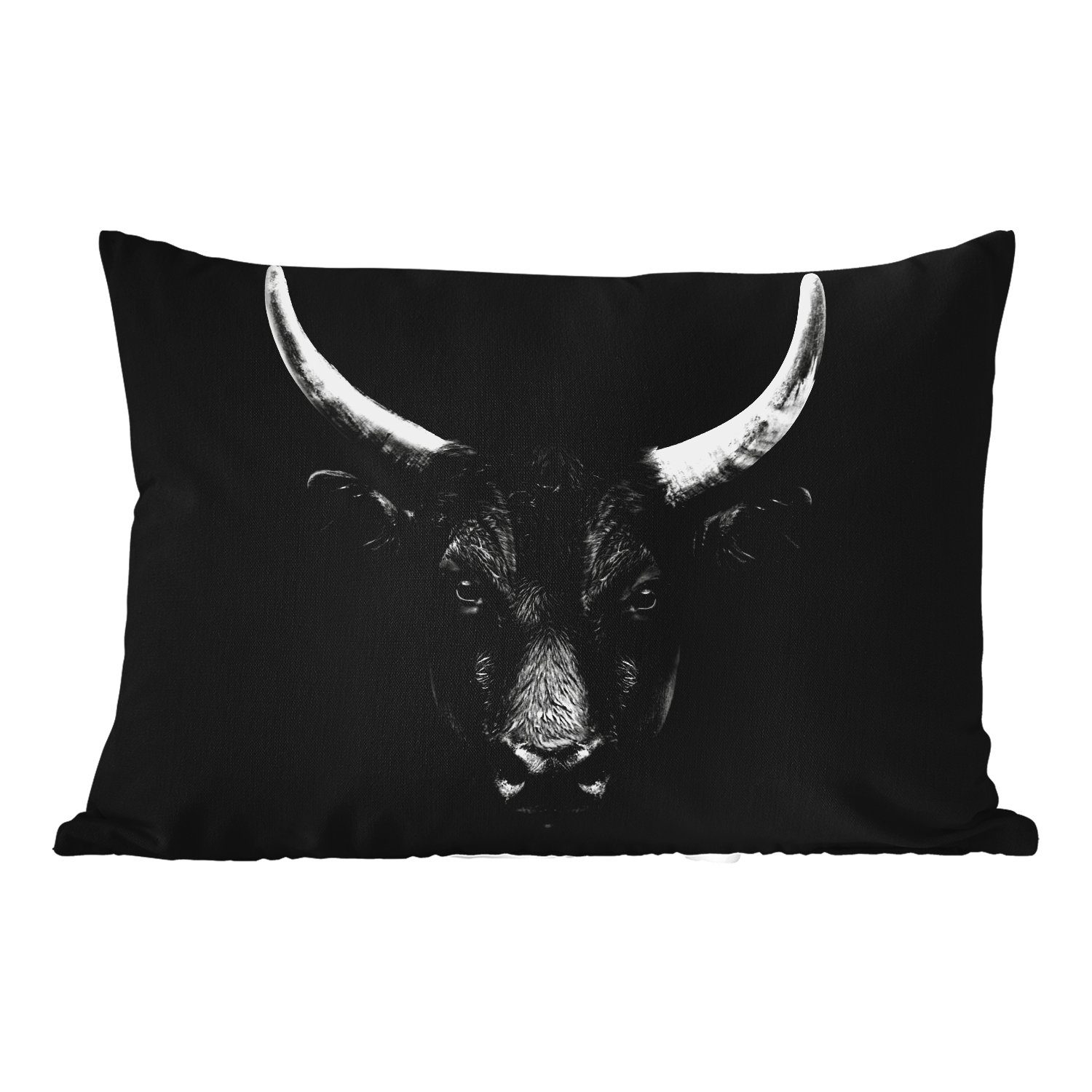 Stier Tiere Schwarz Polyester, Porträt, - Dekokissen Dekokissenbezug, MuchoWow Outdoor-Dekorationskissen, - - Kissenhülle - Weiß