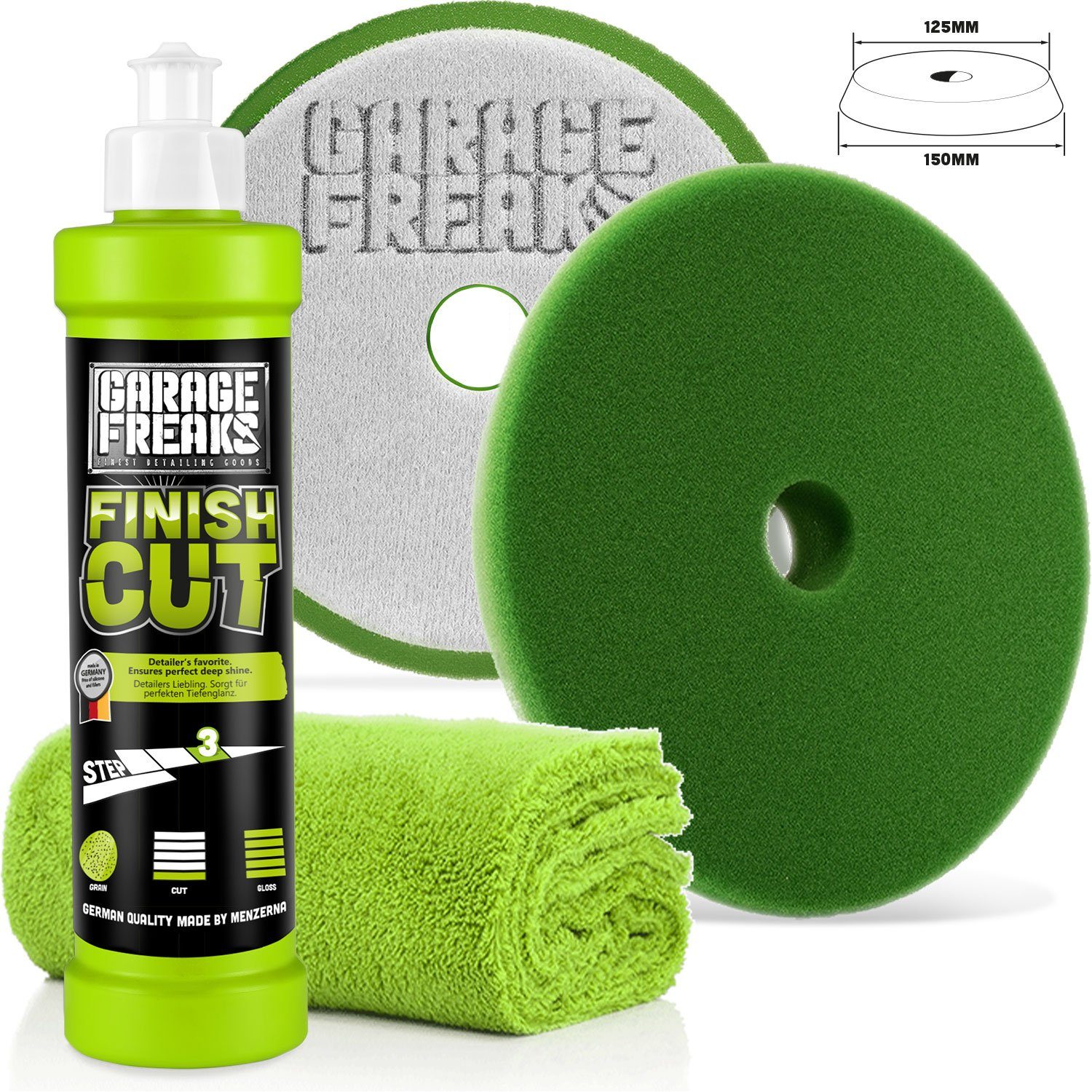 Garage Freaks Politurset Finish Cut Hochglanzpolitur 250ml + Polierpad soft Autopolitur (3 St), Auto Polier Set