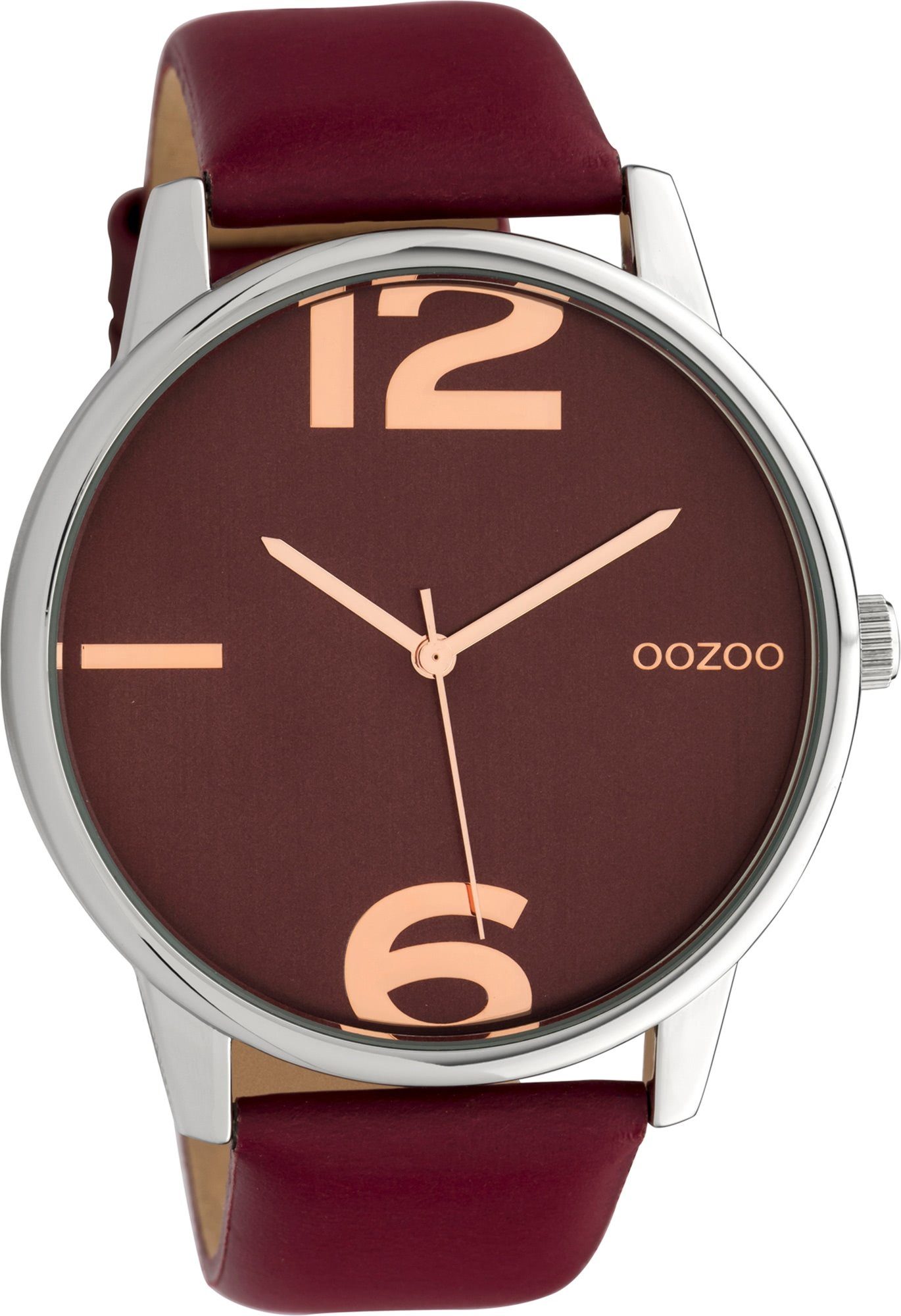 Damen Uhren OOZOO Quarzuhr UOC10373 Oozoo Damen Armbanduhr weinrot Analog, Damenuhr rund, groß (ca. 45mm), Lederarmband, Fashion