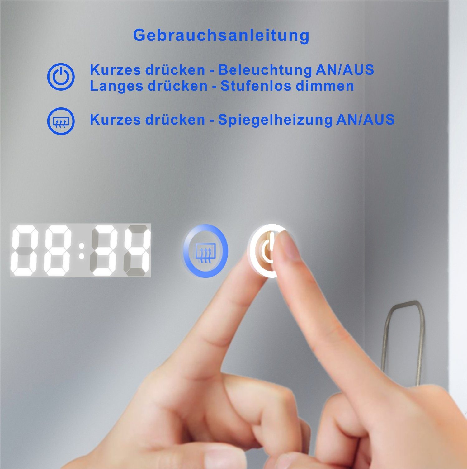 Digitaluhr mit Led Energiesparend Lichtspiegel, Kaltweißes mit Badspiegel mit Licht Touchschalter, Beleuchtung Badezimmer Badspiegel Vergrößerung, AQUALAVOS