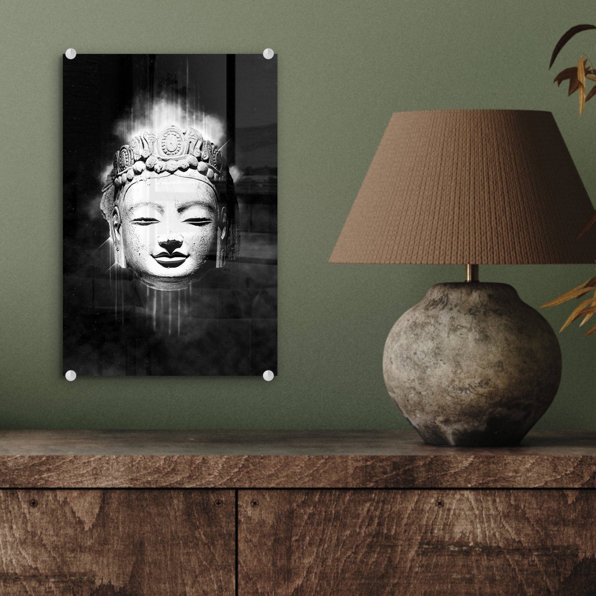 St), Glasbilder Wandbild Glas Buddhas einfachem vor MuchoWow Acrylglasbild (1 - Wanddekoration Foto Bilder bunt weiß, - auf Hintergrund - Glas - schwarz auf eines Kopf und