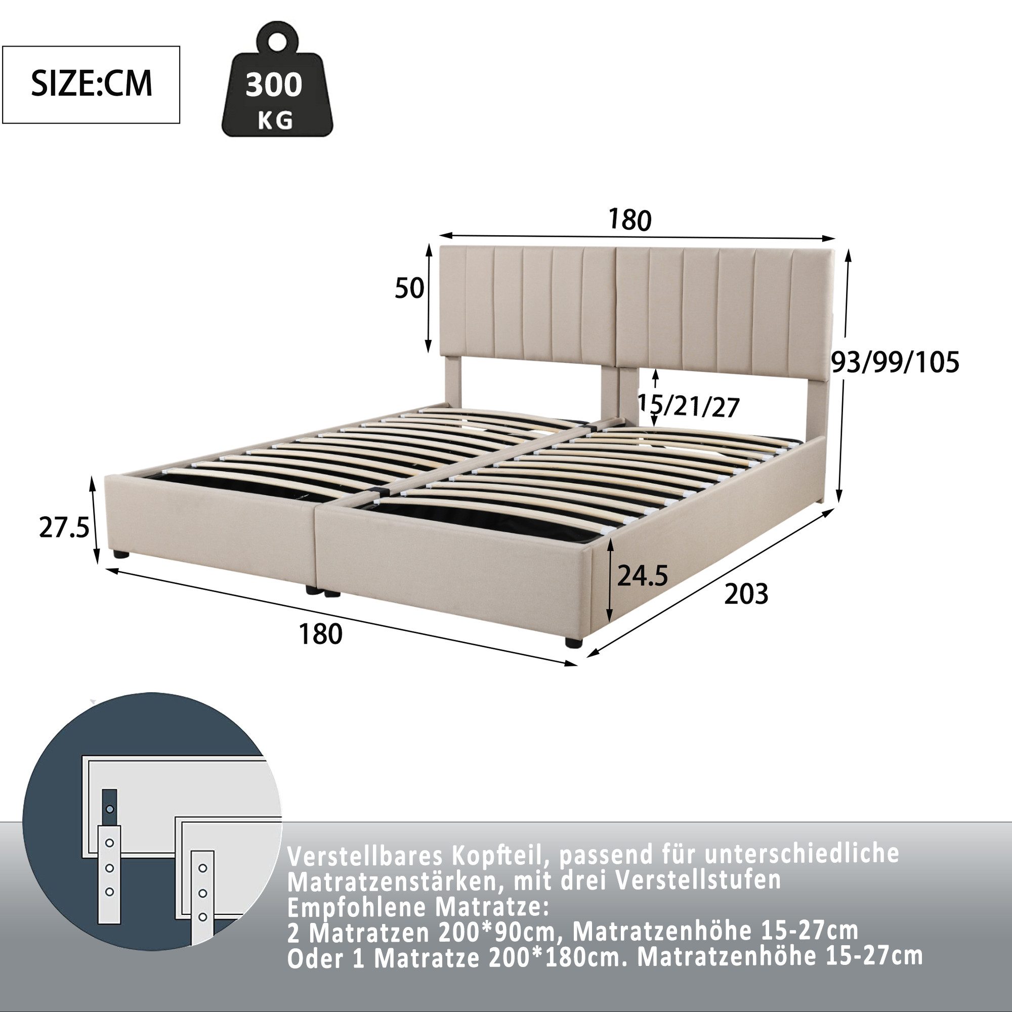 Polsterbett (Doppelbett), hydraulisches Stauraumbett 180x200cm mit verstellbarem Kopfteil Leinen